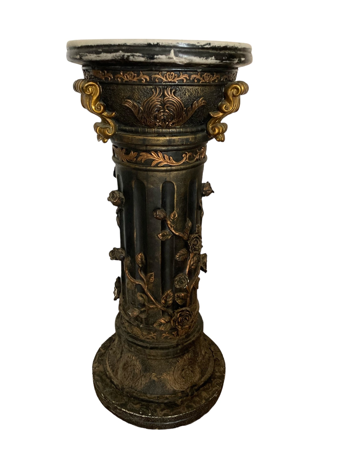 Pair of highly carved Ebonised Pedestals, Rose vine detail, Gilt deco, White marble top