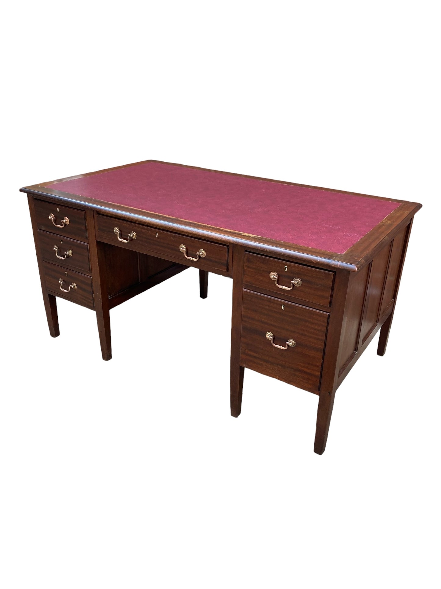 Large Mahogany Victorian Executive Desk, Ox Blood Faux Leather top