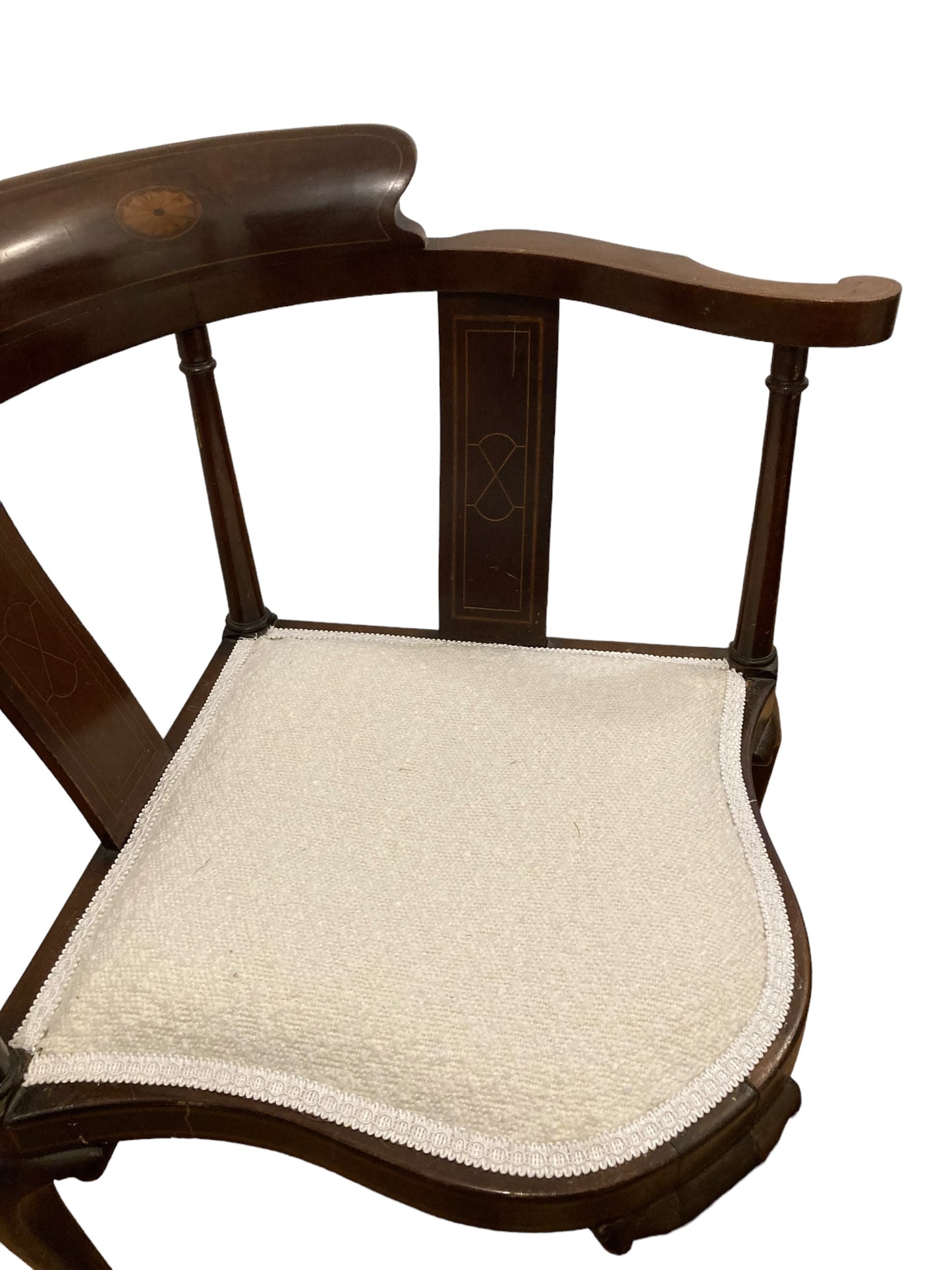 Edwardian Corner Chair Inlaid Backrest on Cabriole Legs and Reupholstered Boucle Fabric