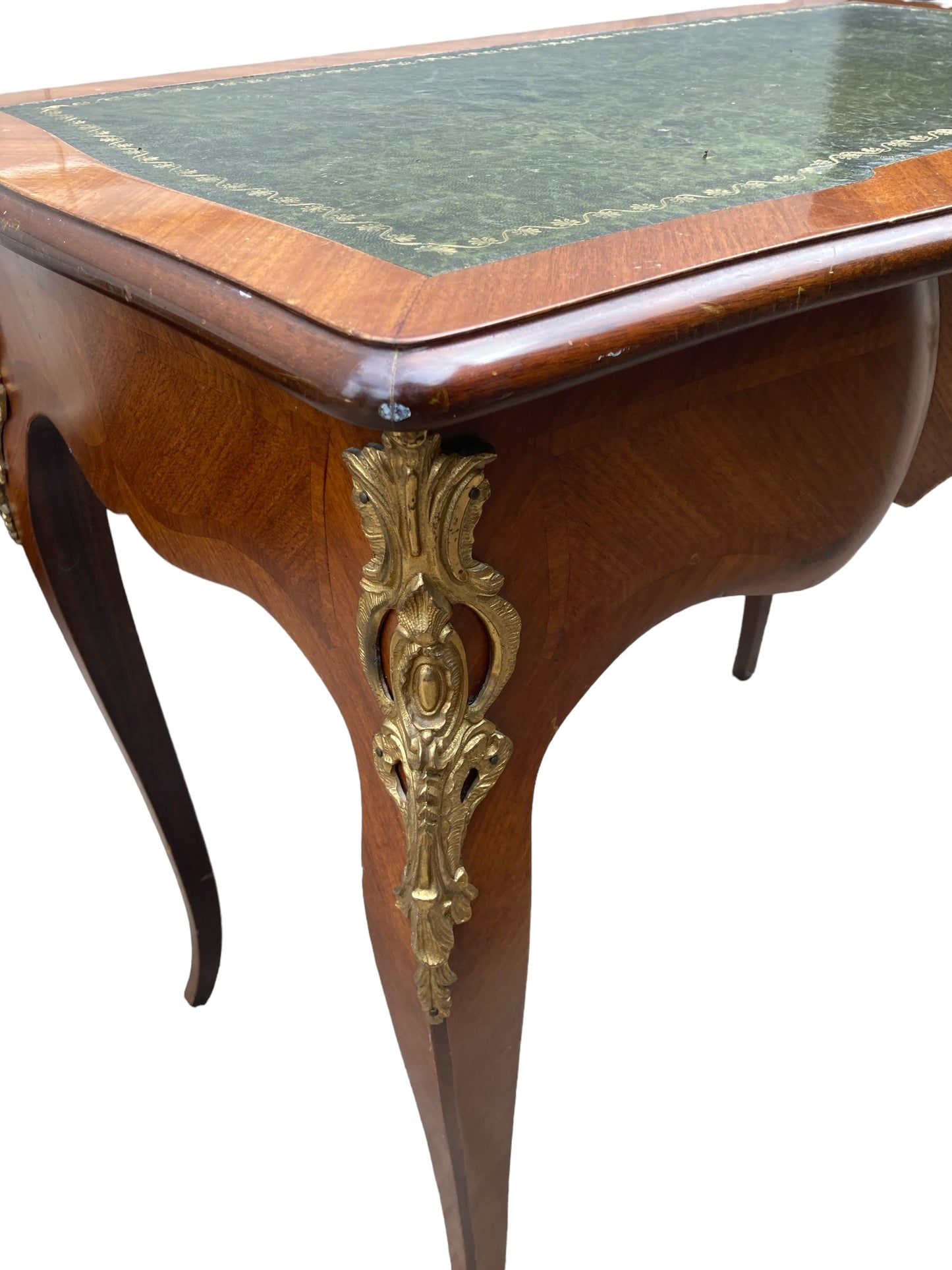 French Louis XV Style writing Desk green leather covered top ornate brass moldings single drawer.