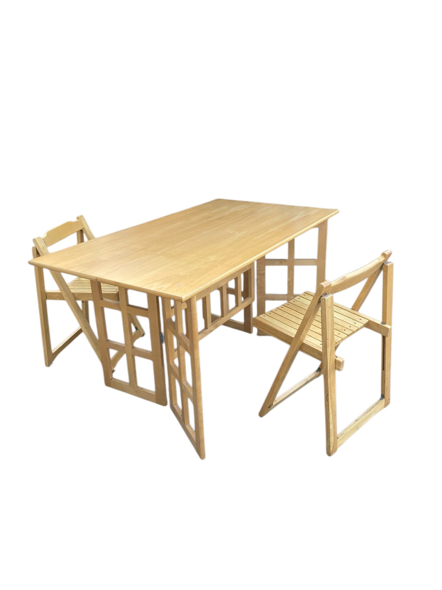 A Contemporary Folding Beechwood Desk with Two Drawers and two Folding Chairs