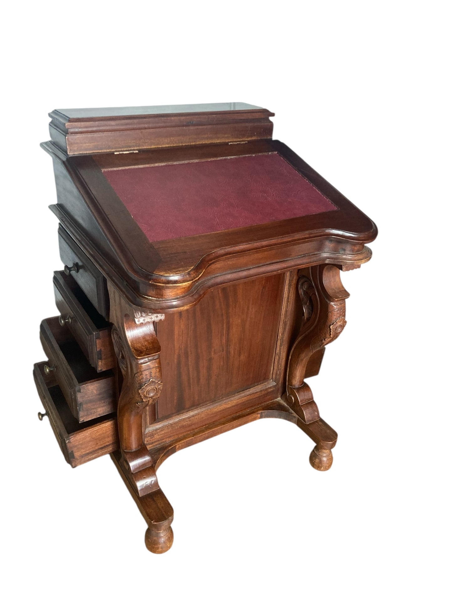 Mahogany Davenport Desk or Bureau With Faux Red Leather Sloped Writing area.