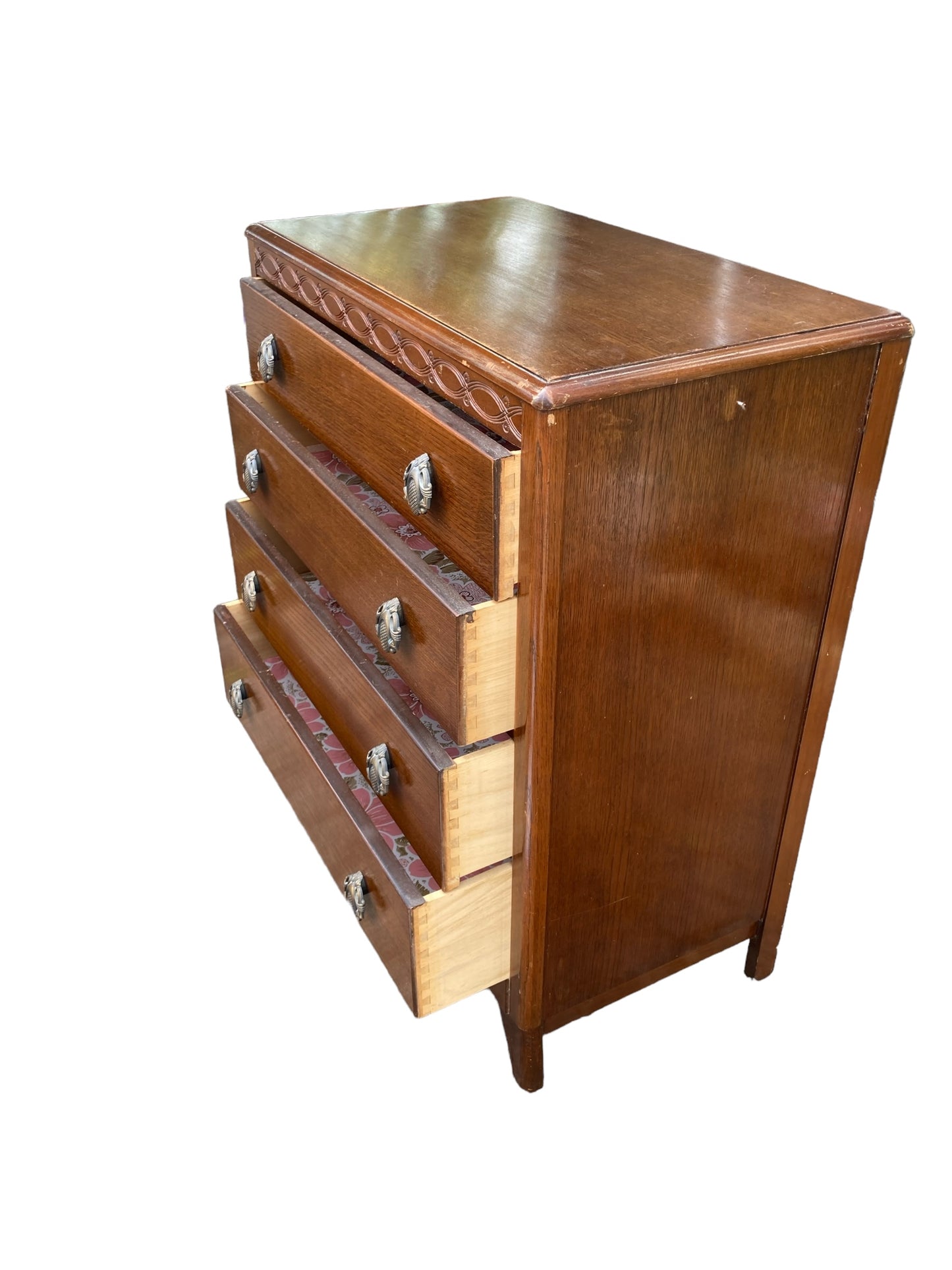 A Mid Century Harris Lebus Style Chest of Drawers Art Deco style handles.