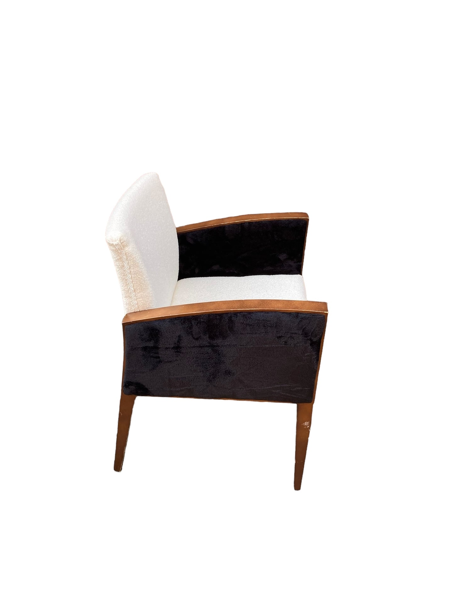 Two Art Deco Style Armchairs, White Boucle, Black Velvet Sides, Original Mahogany Frames