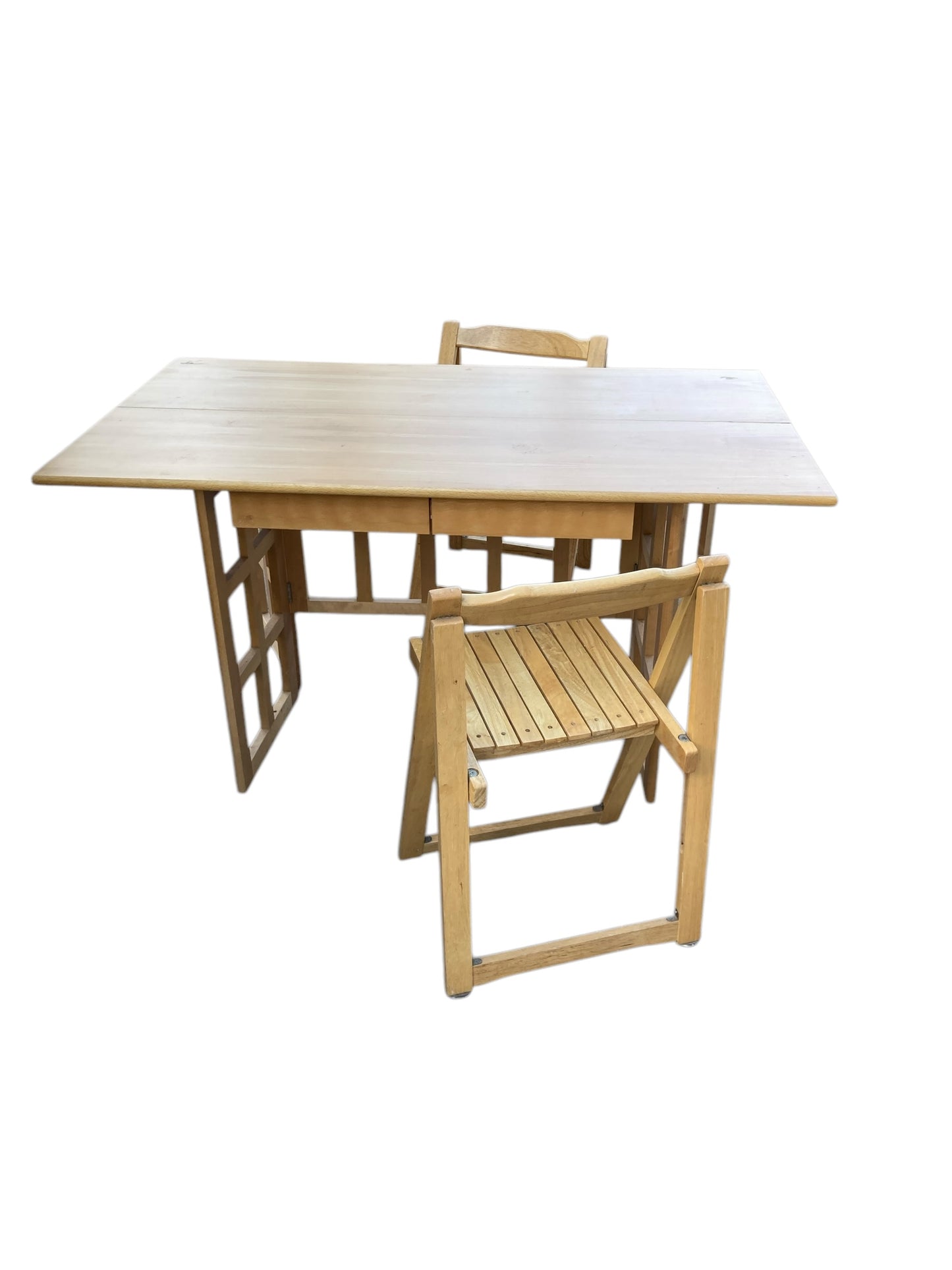 A Contemporary Folding Beechwood Desk with Two Drawers and two Folding Chairs