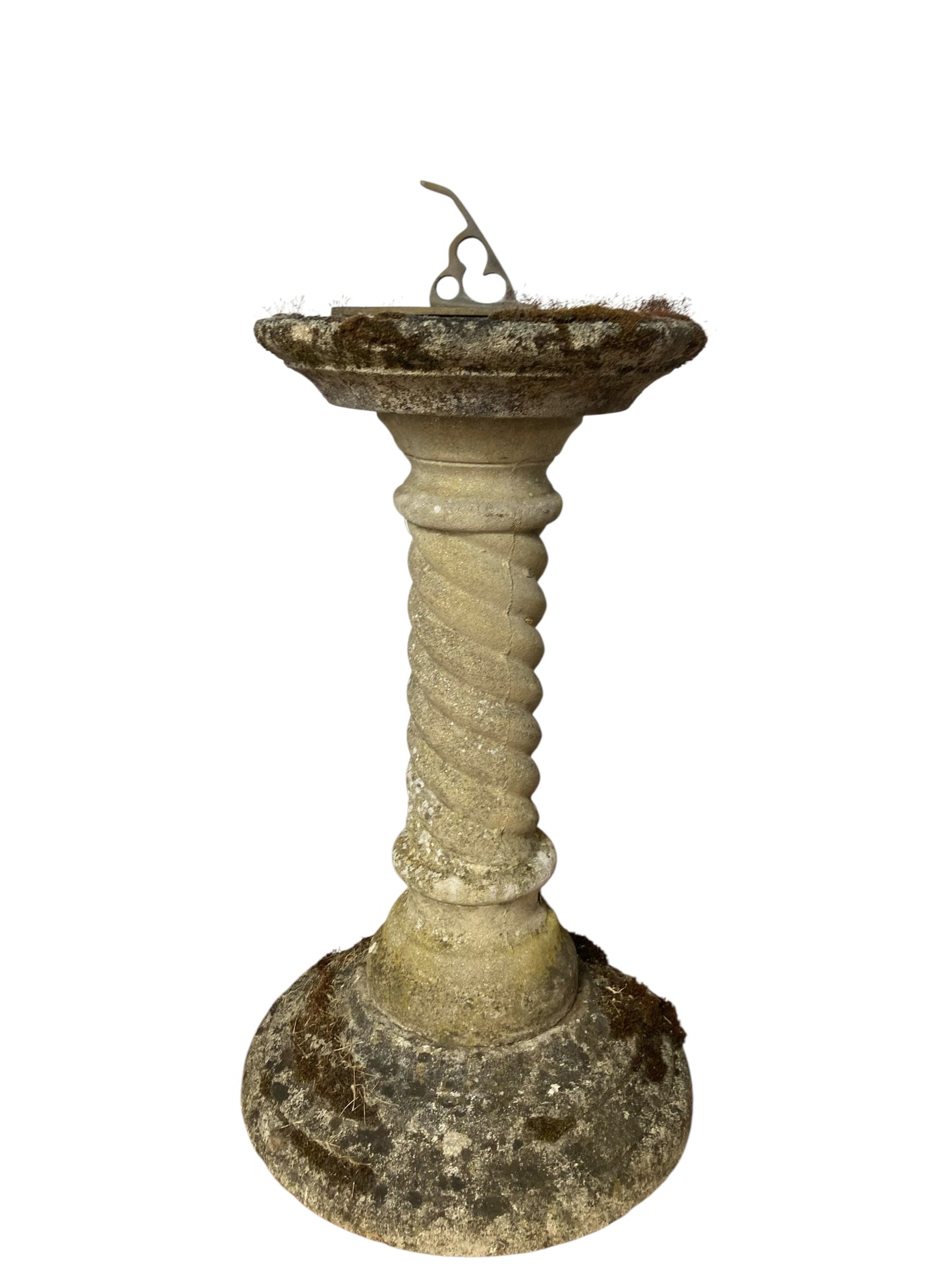 Stone Sundial with Barley Twist Stlyle Column with Natural Patina Inscribed Wording on dial
