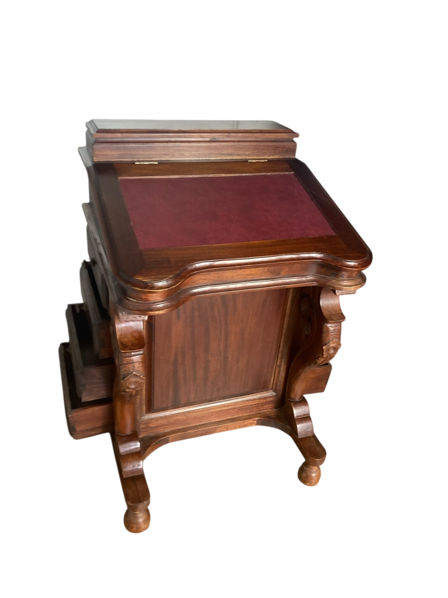 Mahogany Davenport Desk or Bureau With Faux Red Leather Sloped Writing area.