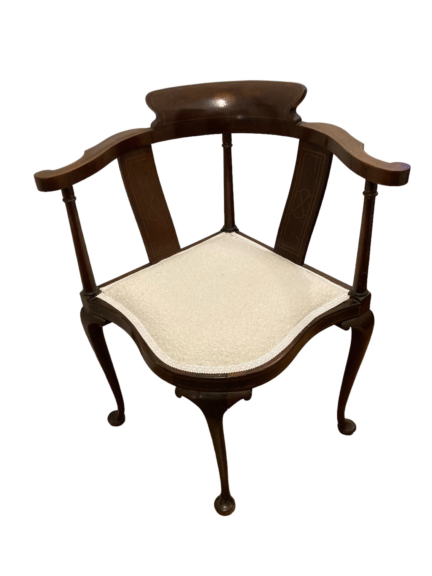 Edwardian Corner Chair Inlaid Backrest on Cabriole Legs and Reupholstered Boucle Fabric