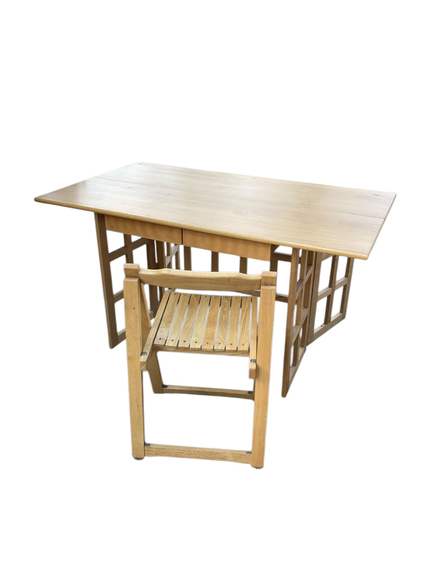 A Contemporary Folding Beechwood Desk with Two Drawers and two Folding Chairs