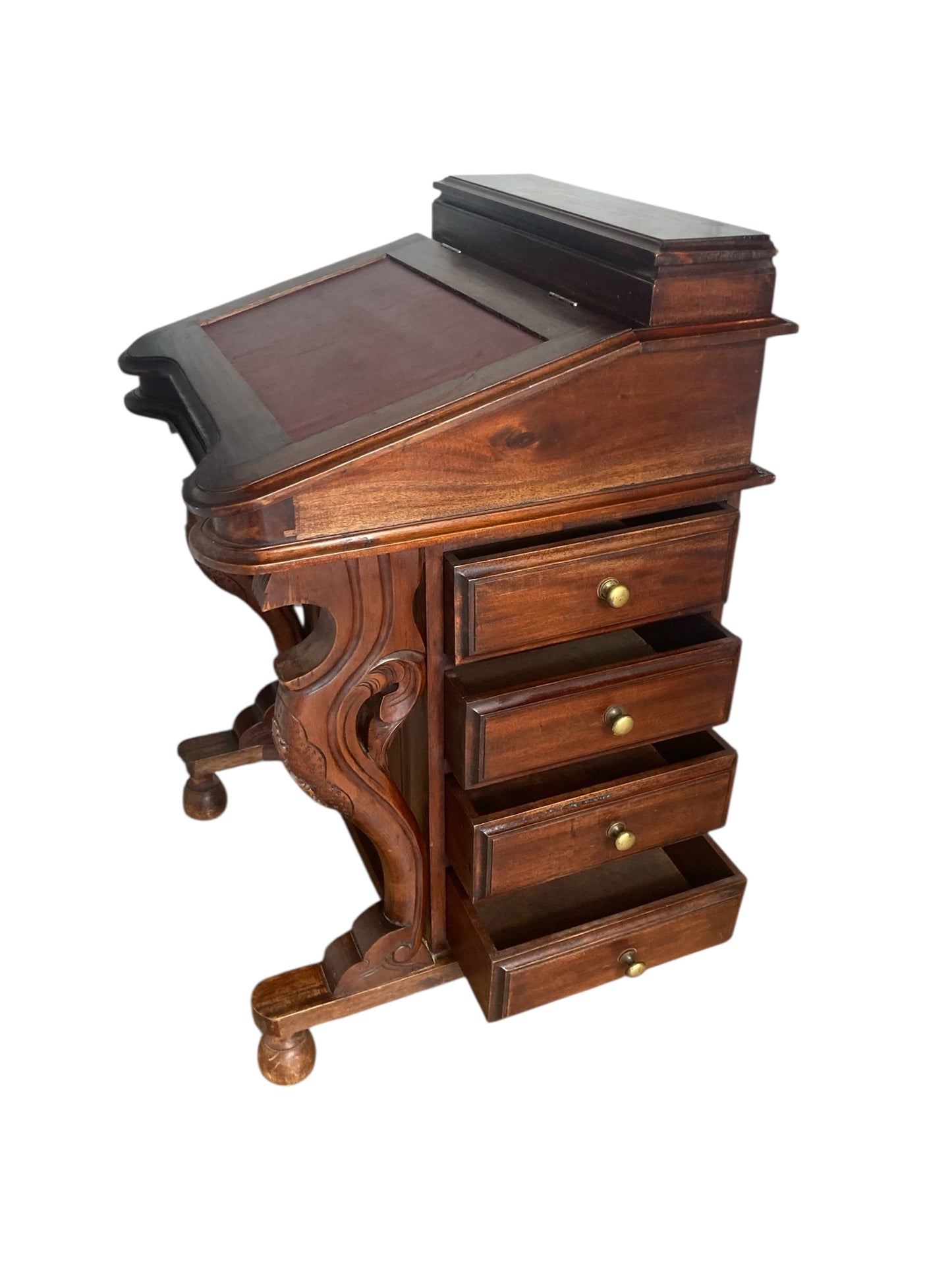 Mahogany Davenport Desk or Bureau With Faux Red Leather Sloped Writing area.