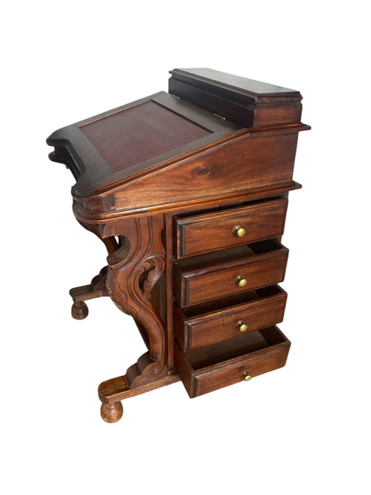 Mahogany Davenport Desk or Bureau With Faux Red Leather Sloped Writing area.