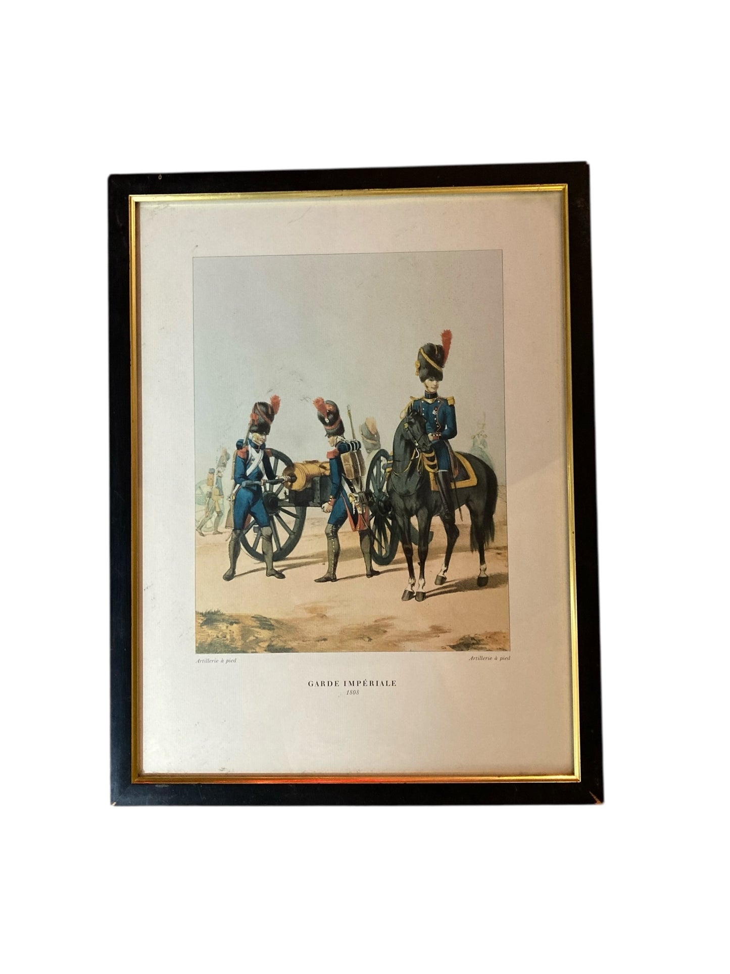 Framed print is a 20th-century reproduction of a 19th-century military illustration titled "Garde Impériale, Artillerie à pied"