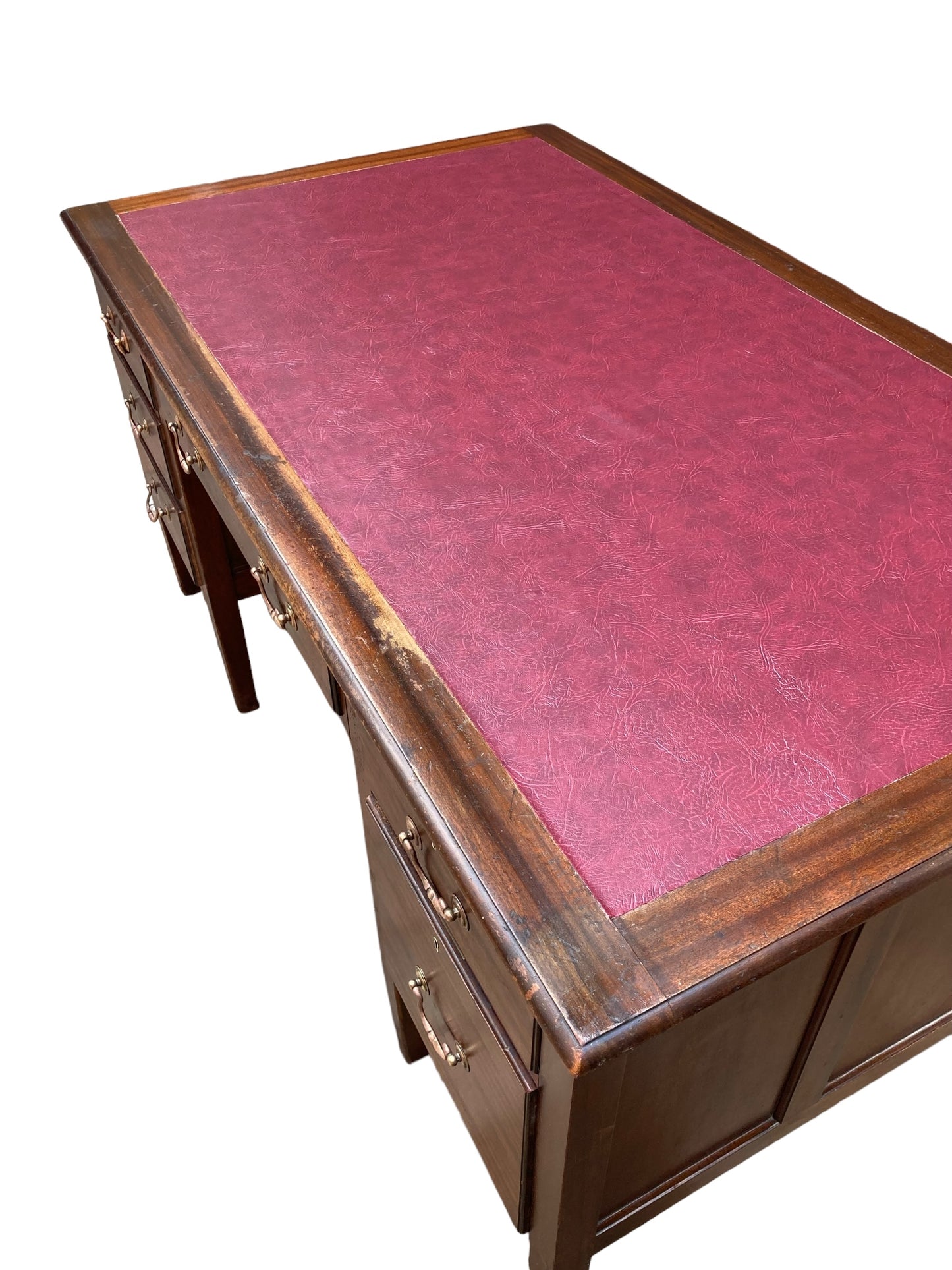 Large Mahogany Victorian Executive Desk, Ox Blood Faux Leather top