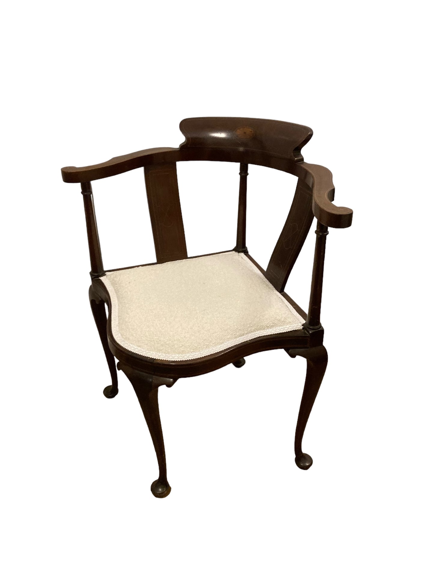 Edwardian Corner Chair Inlaid Backrest on Cabriole Legs and Reupholstered Boucle Fabric