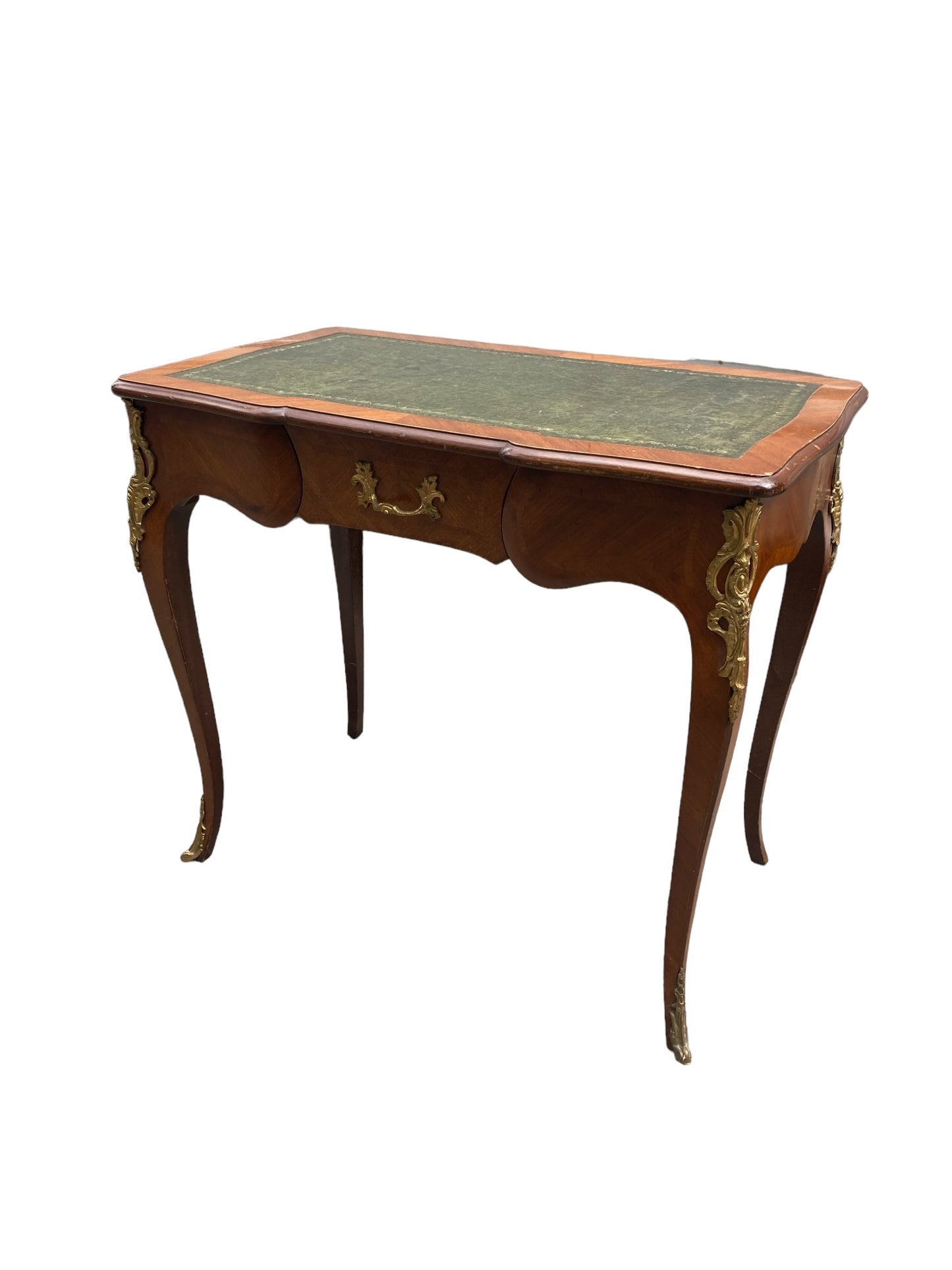 French Louis XV Style writing Desk green leather covered top ornate brass moldings single drawer.