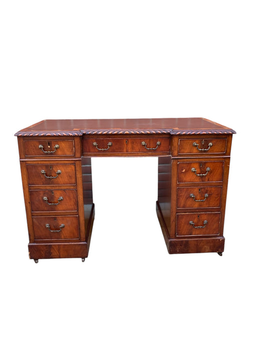 George III Style Mahogany 9 drawer Pedestal Desk.