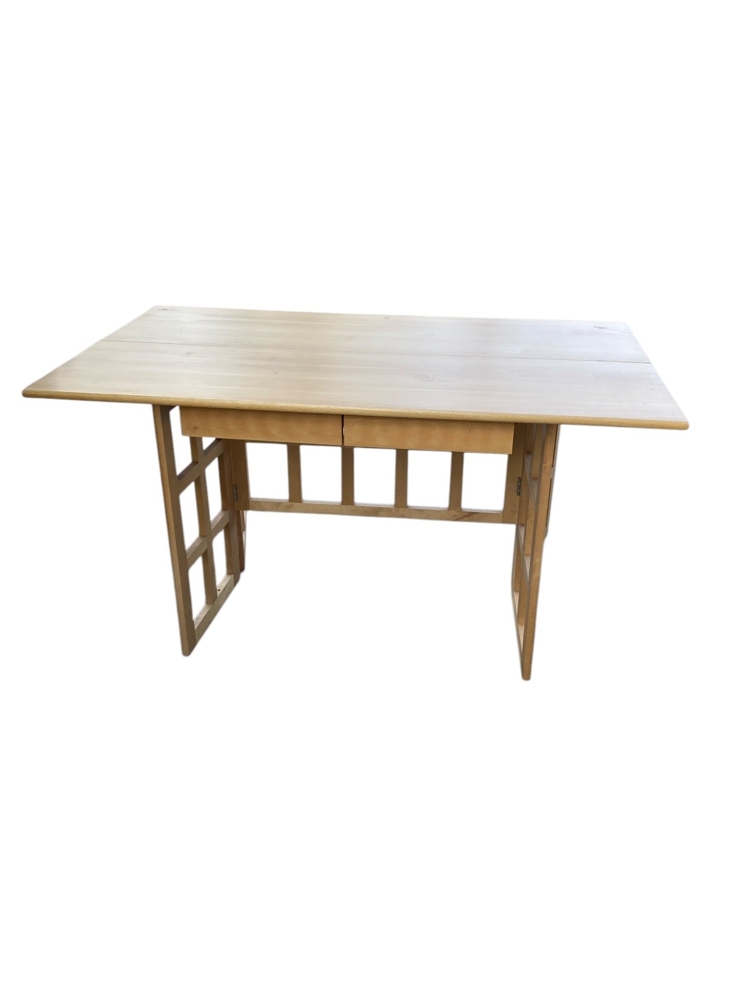 A Contemporary Folding Beechwood Desk with Two Drawers and two Folding Chairs