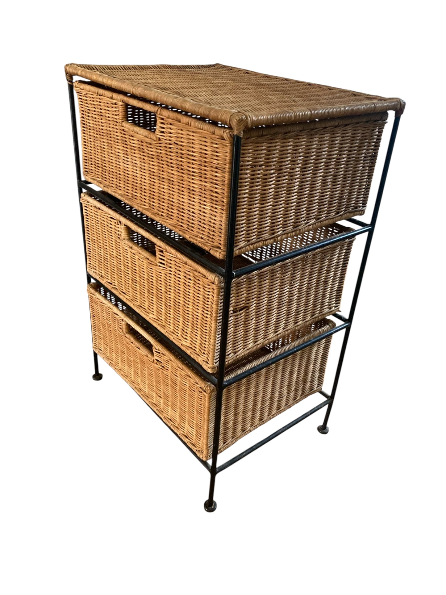 Vintage Boho Wicker Three Drawer Chest with wrought iron frame