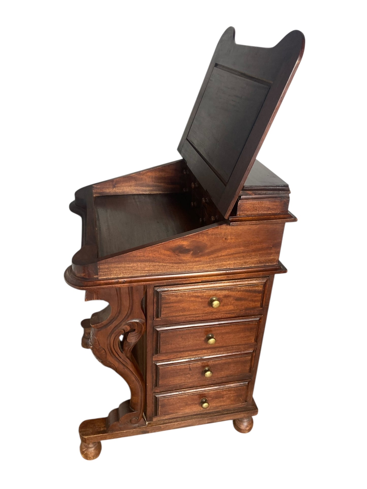 Mahogany Davenport Desk or Bureau With Faux Red Leather Sloped Writing area.