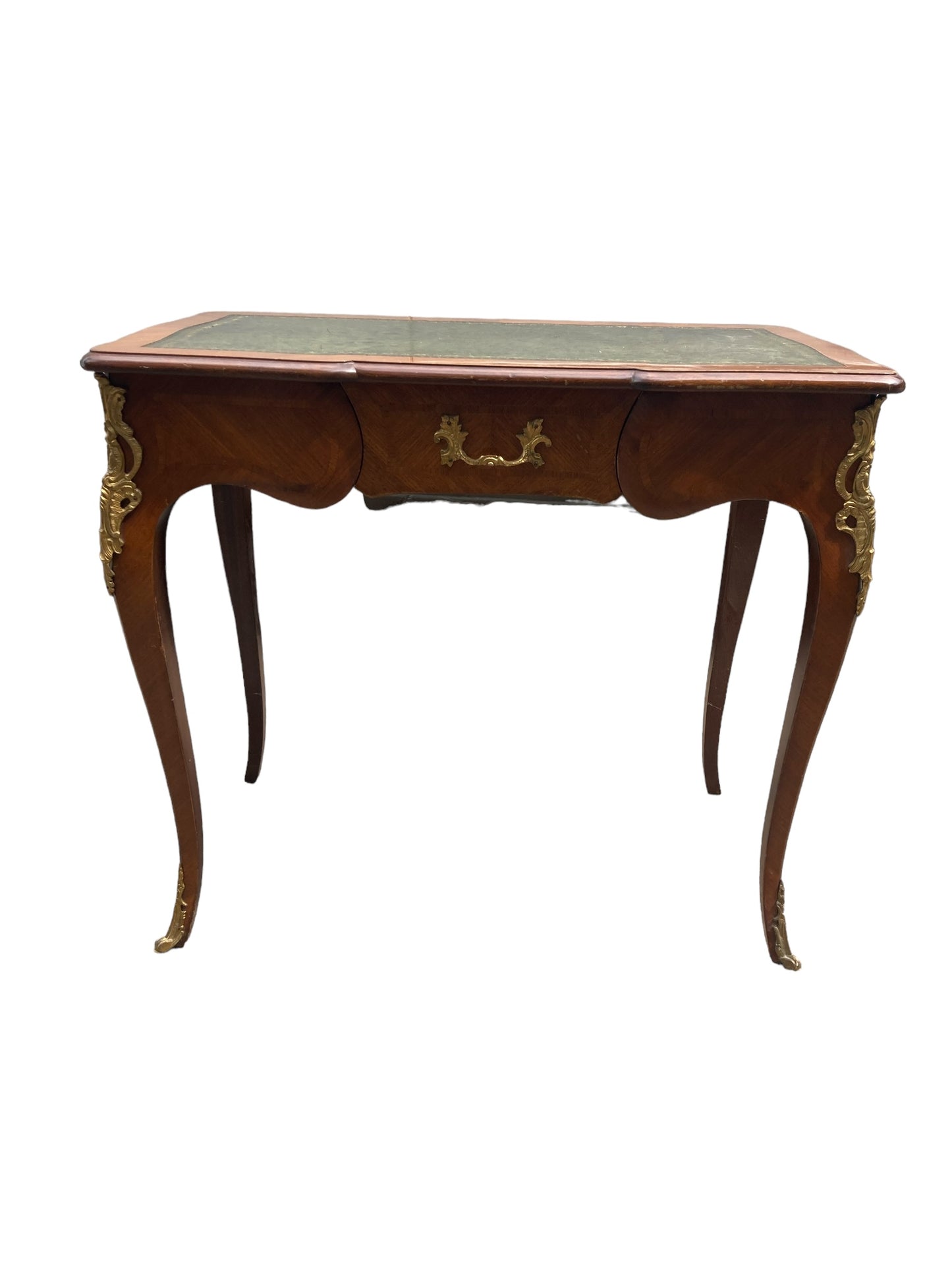 French Louis XV Style writing Desk green leather covered top ornate brass moldings single drawer.