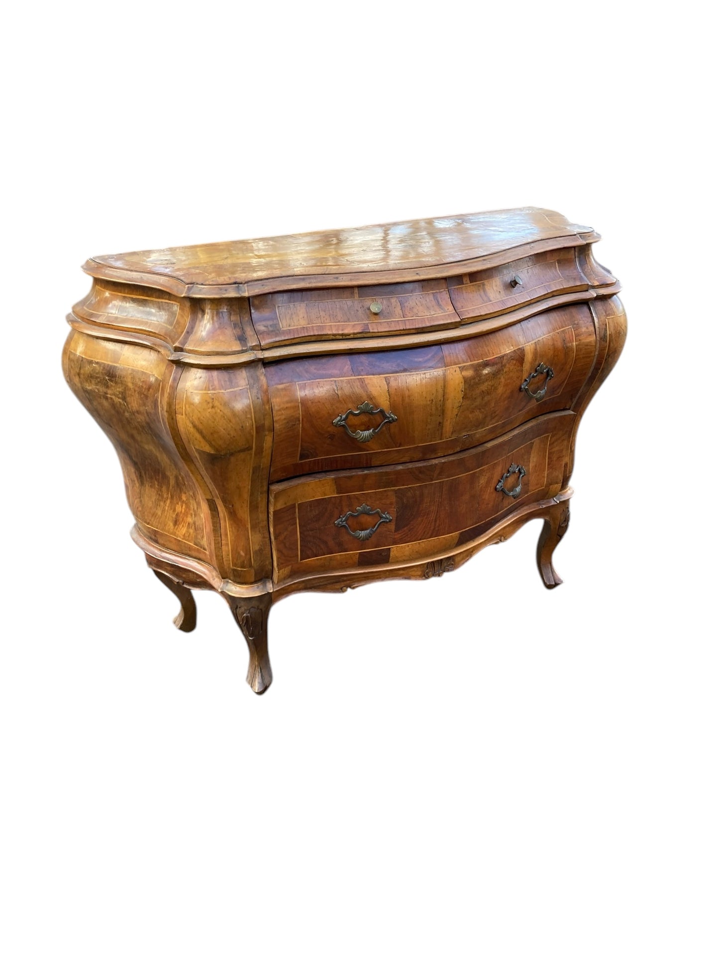 Italian Walnut Commode, chest of drawers 19th Century Bombe form