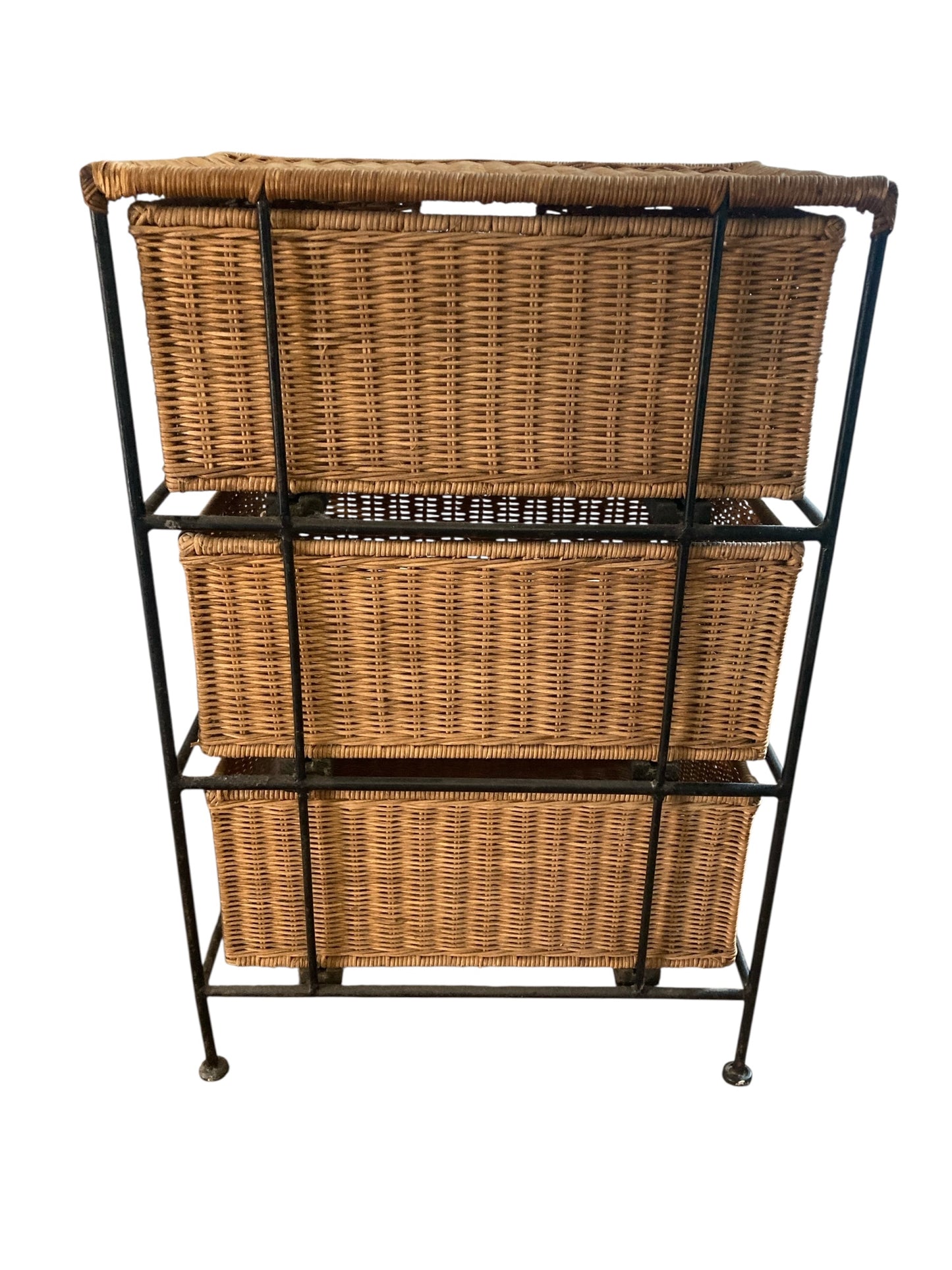 Vintage Boho Wicker Three Drawer Chest with wrought iron frame