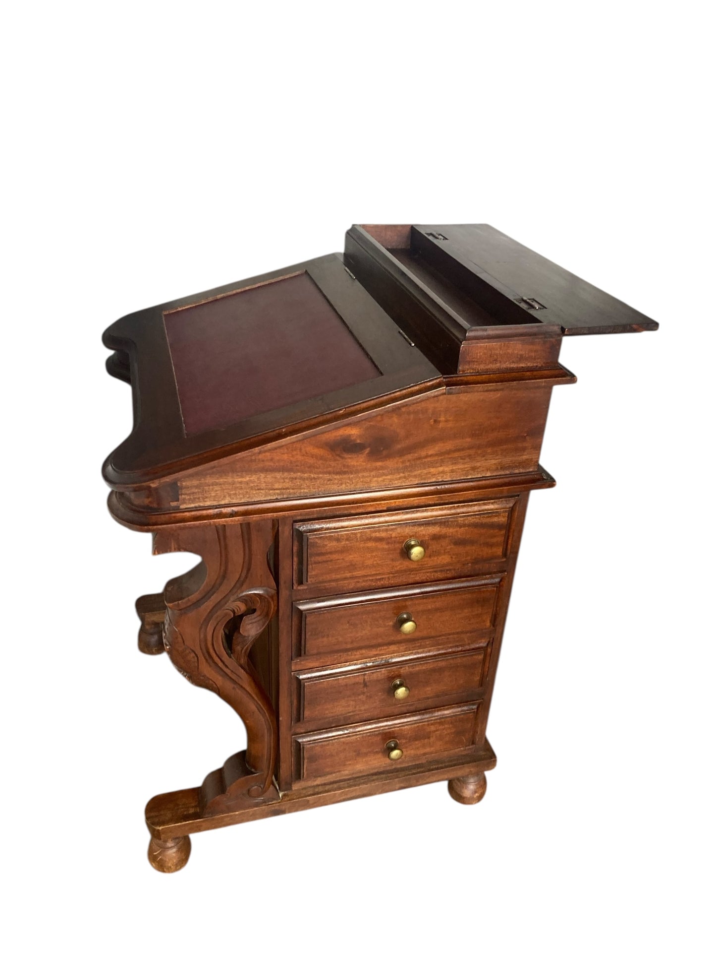Mahogany Davenport Desk or Bureau With Faux Red Leather Sloped Writing area.