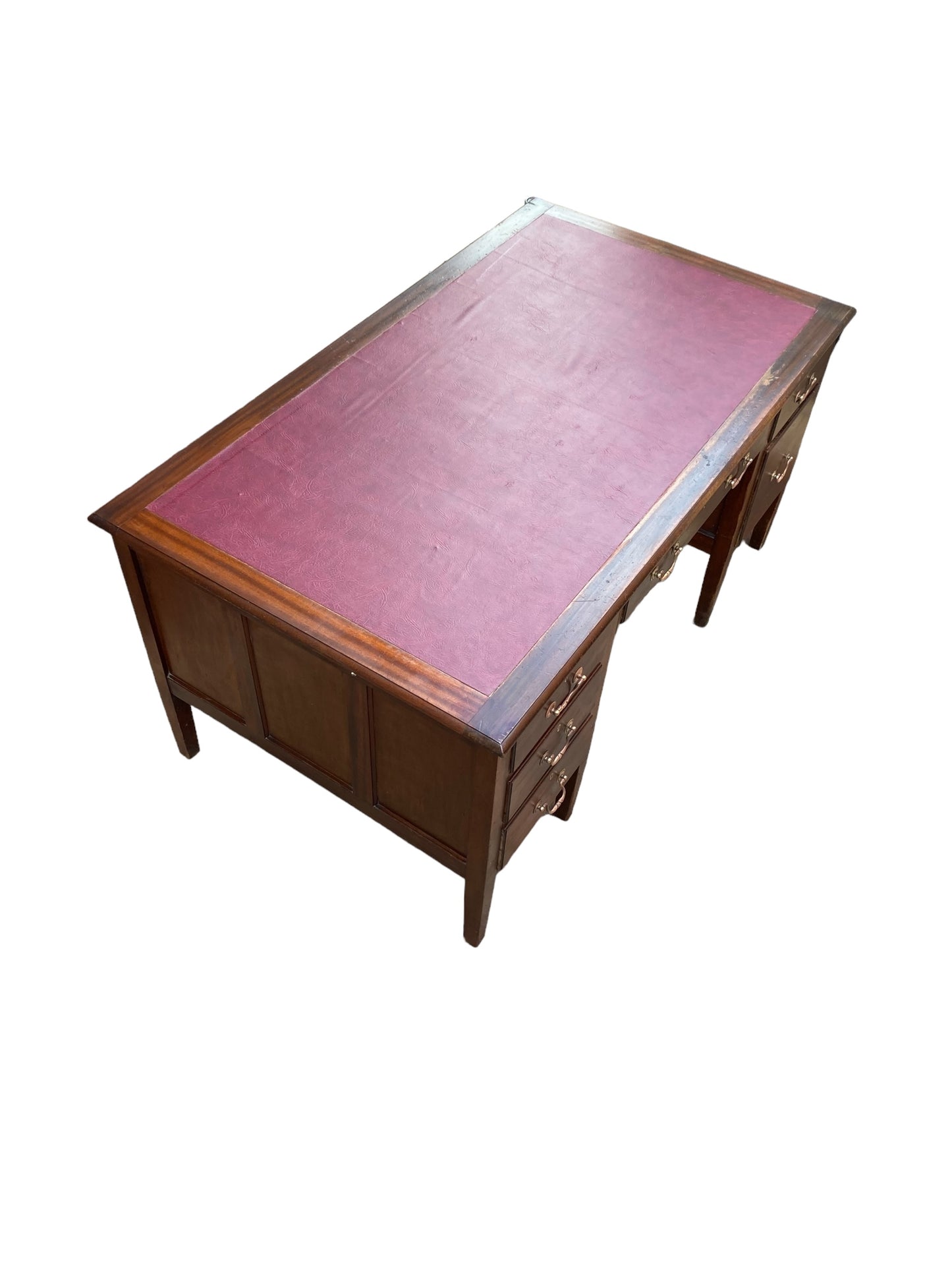 Large Mahogany Victorian Executive Desk, Ox Blood Faux Leather top