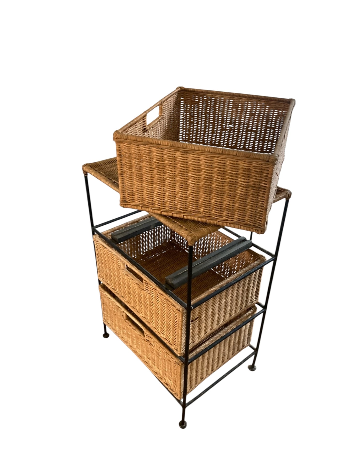 Vintage Boho Wicker Three Drawer Chest with wrought iron frame