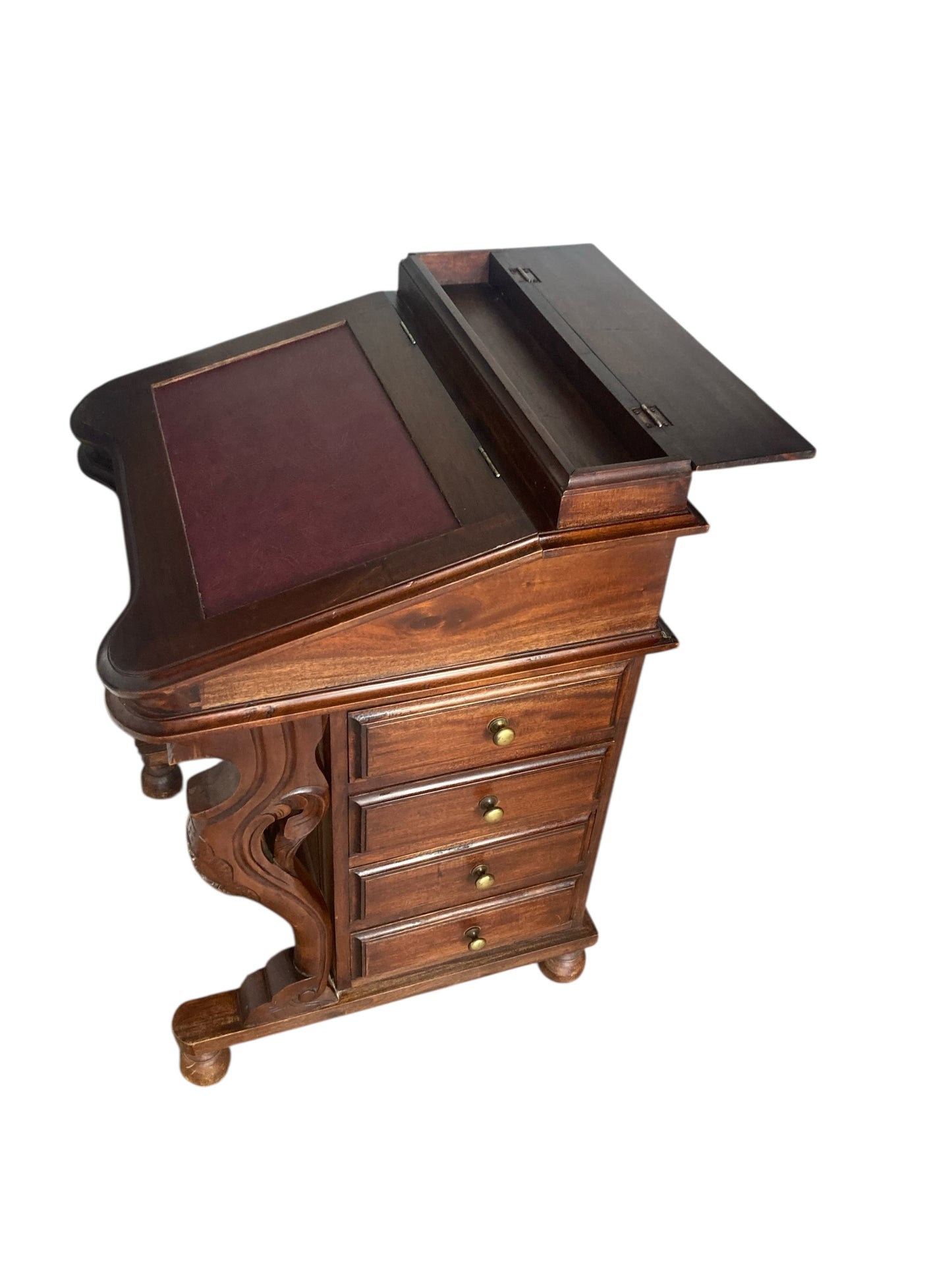 Mahogany Davenport Desk or Bureau With Faux Red Leather Sloped Writing area.