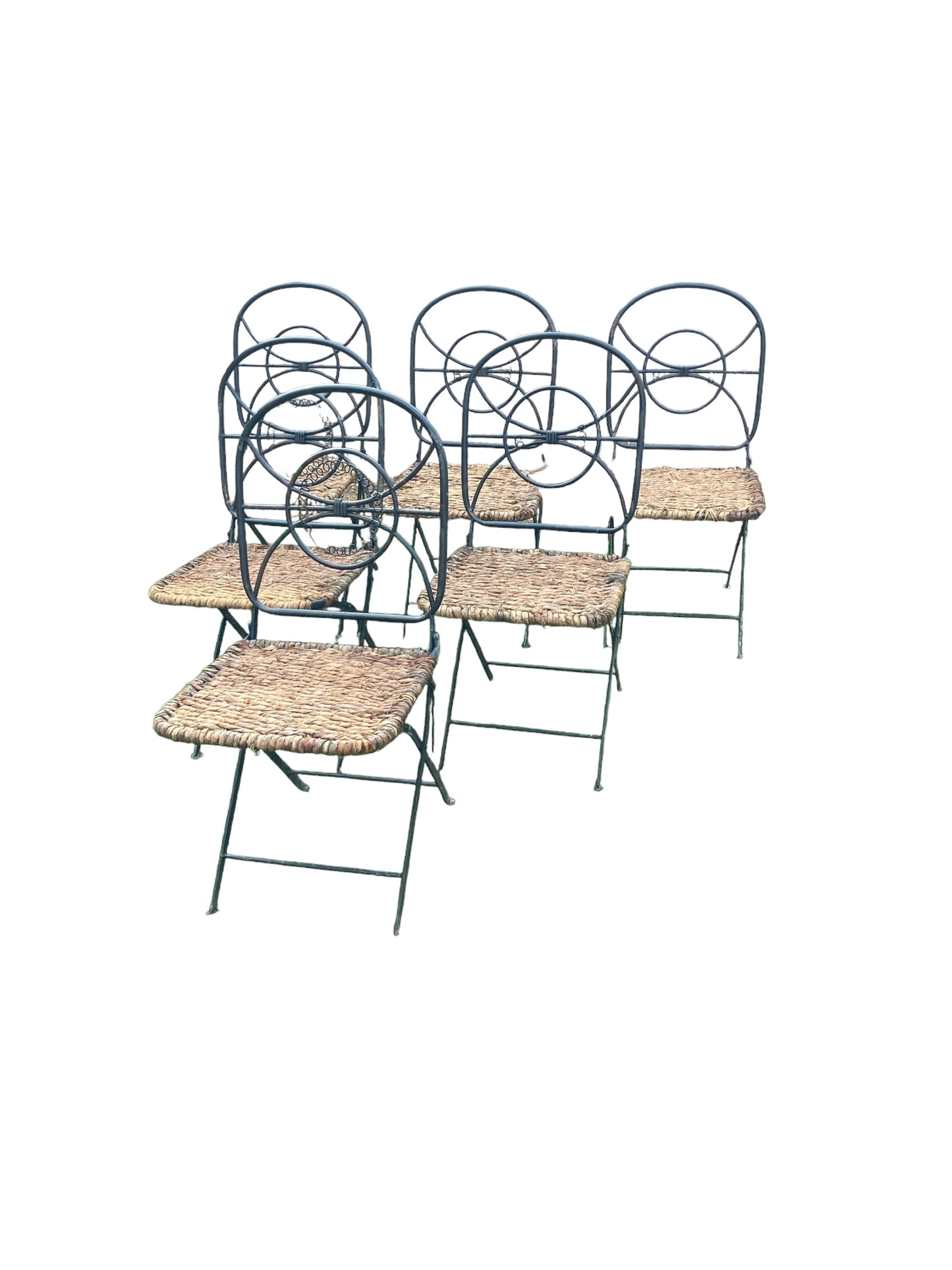 Set of 6 Vintage Folding Wrought Iron and Wicker Garden Chairs