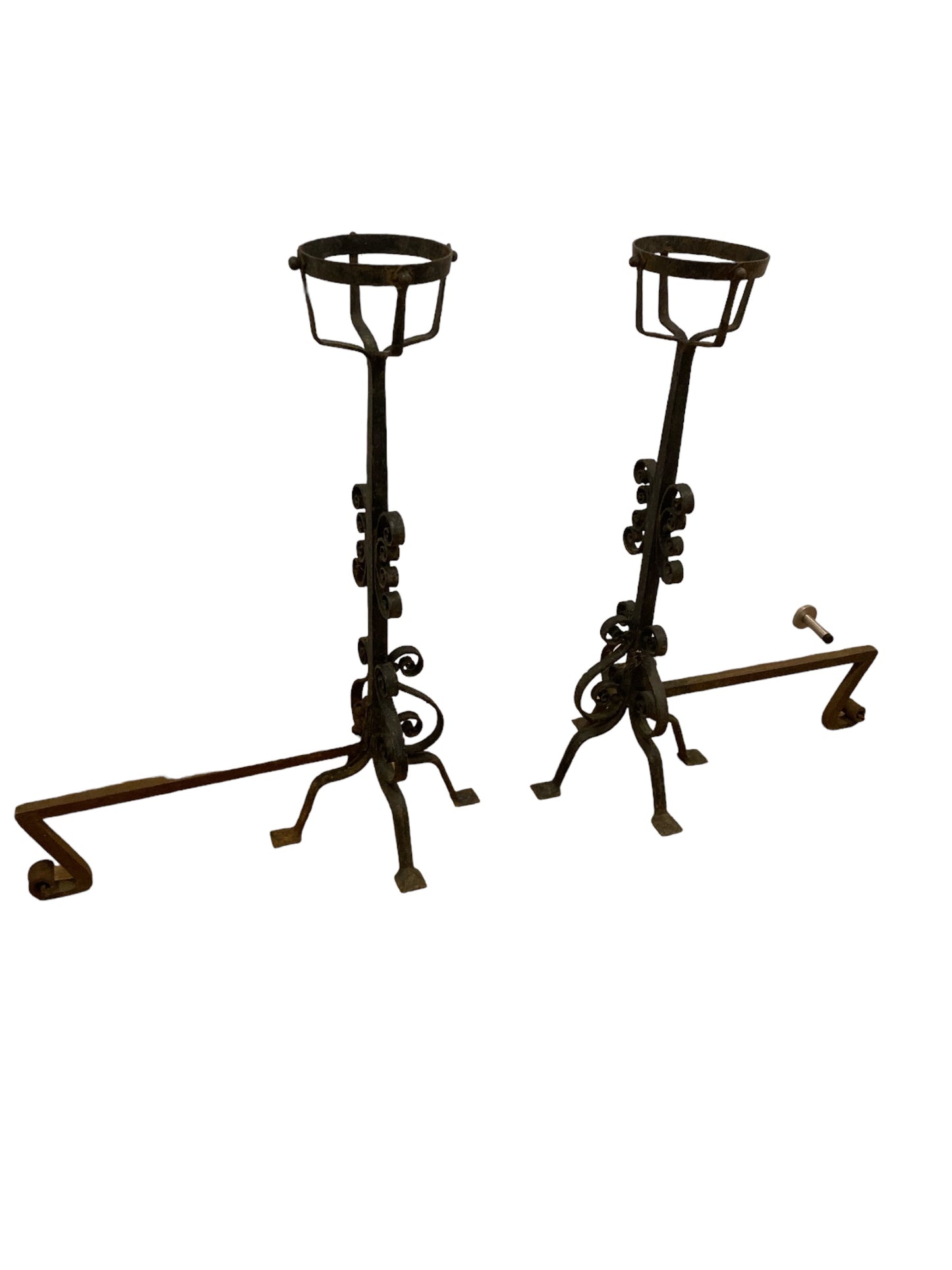 A pair of Large French Wrought Iron Fire Dogs with large fire baskets