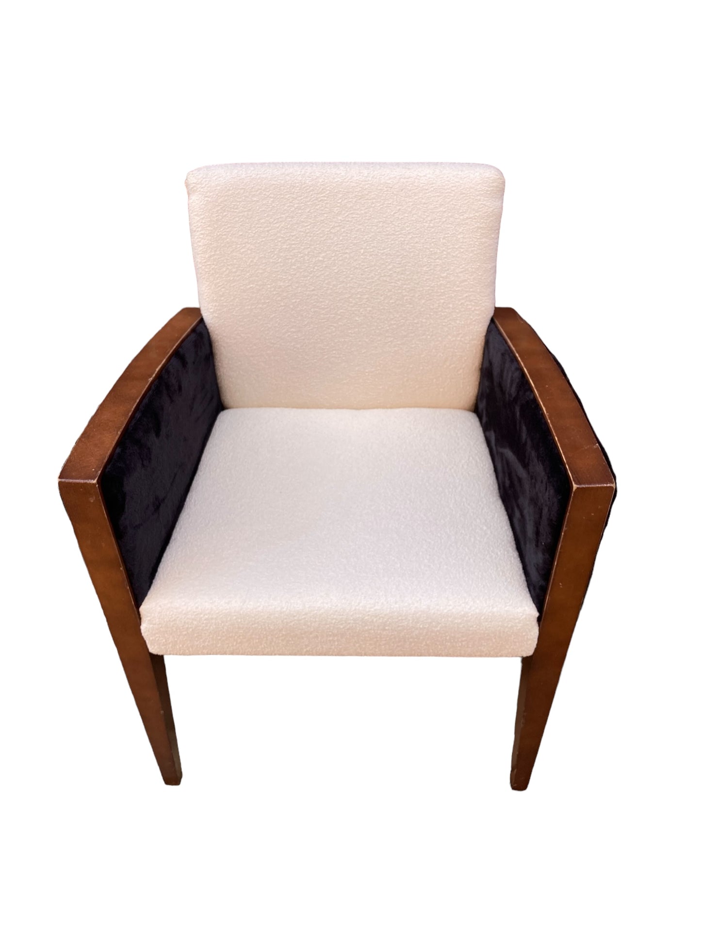 Two Art Deco Style Armchairs, White Boucle, Black Velvet Sides, Original Mahogany Frames