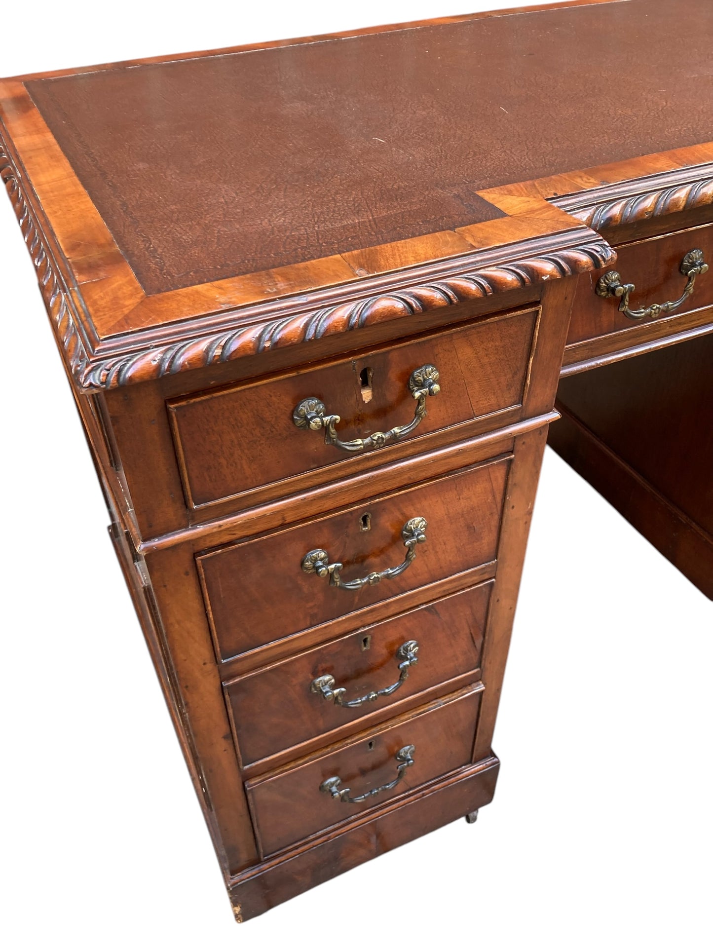 George III Style Mahogany 9 drawer Pedestal Desk.