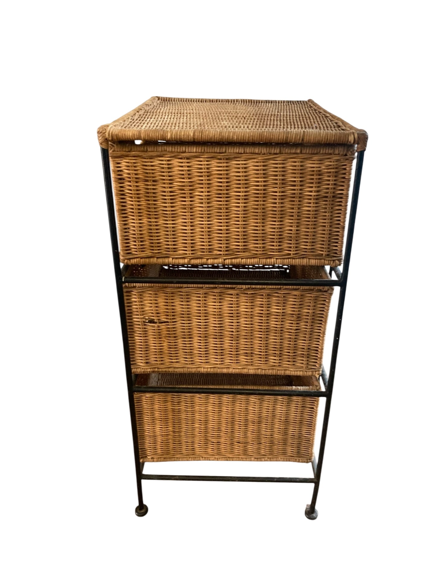Vintage Boho Wicker Three Drawer Chest with wrought iron frame