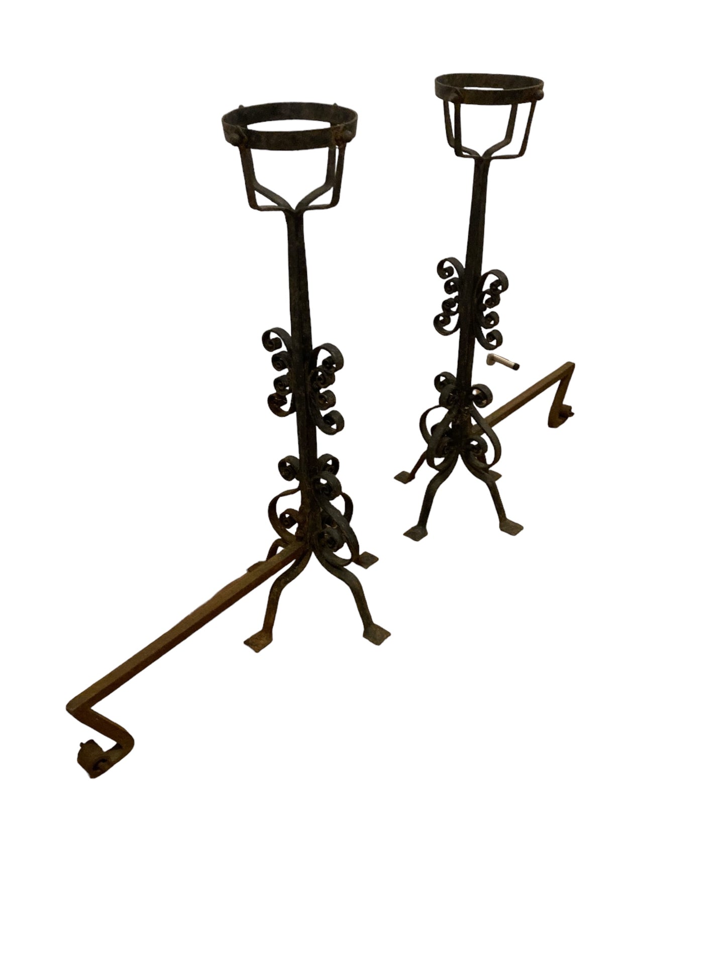 A pair of Large French Wrought Iron Fire Dogs with large fire baskets