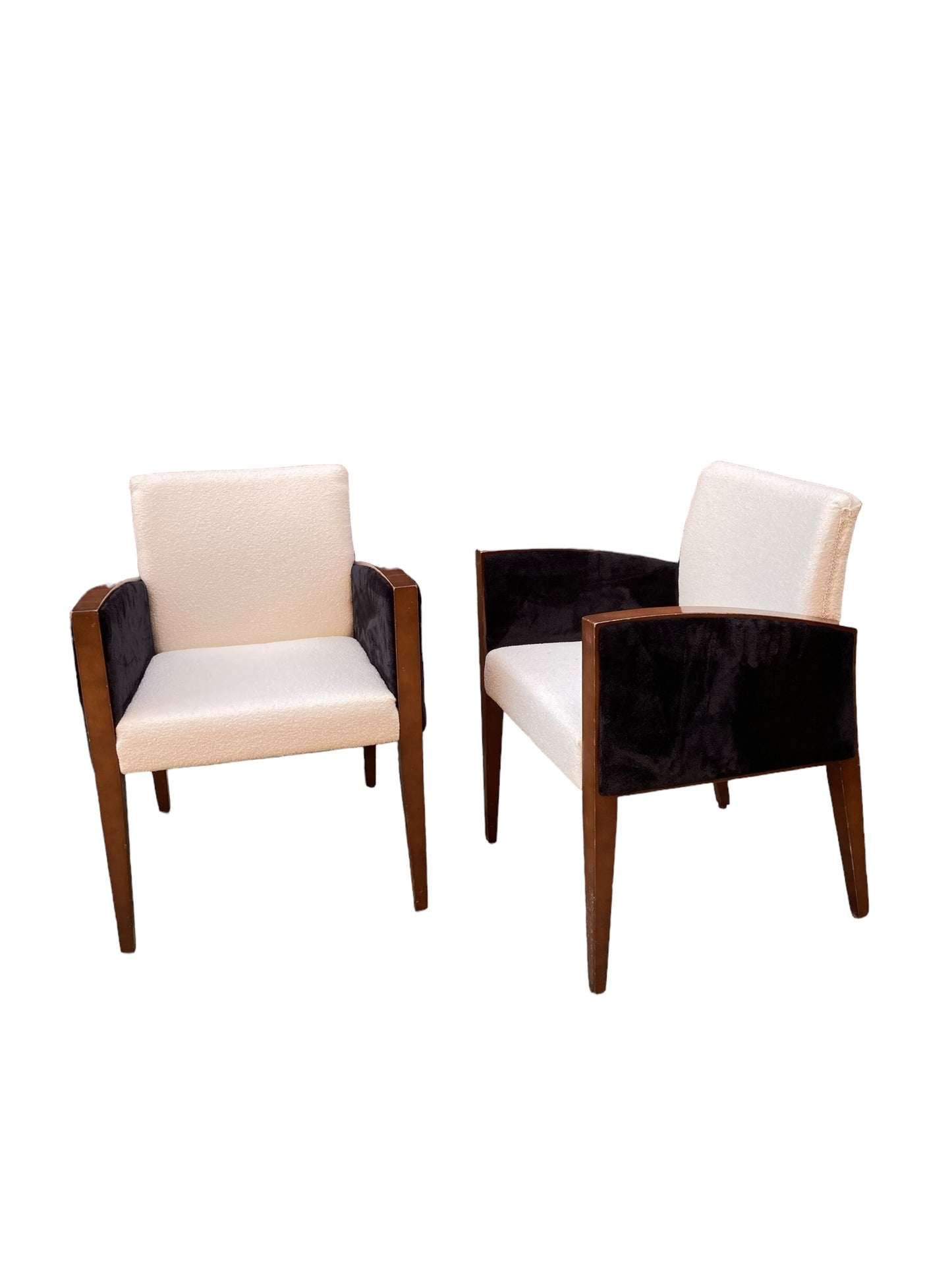 Two Art Deco Style Armchairs, White Boucle, Black Velvet Sides, Original Mahogany Frames