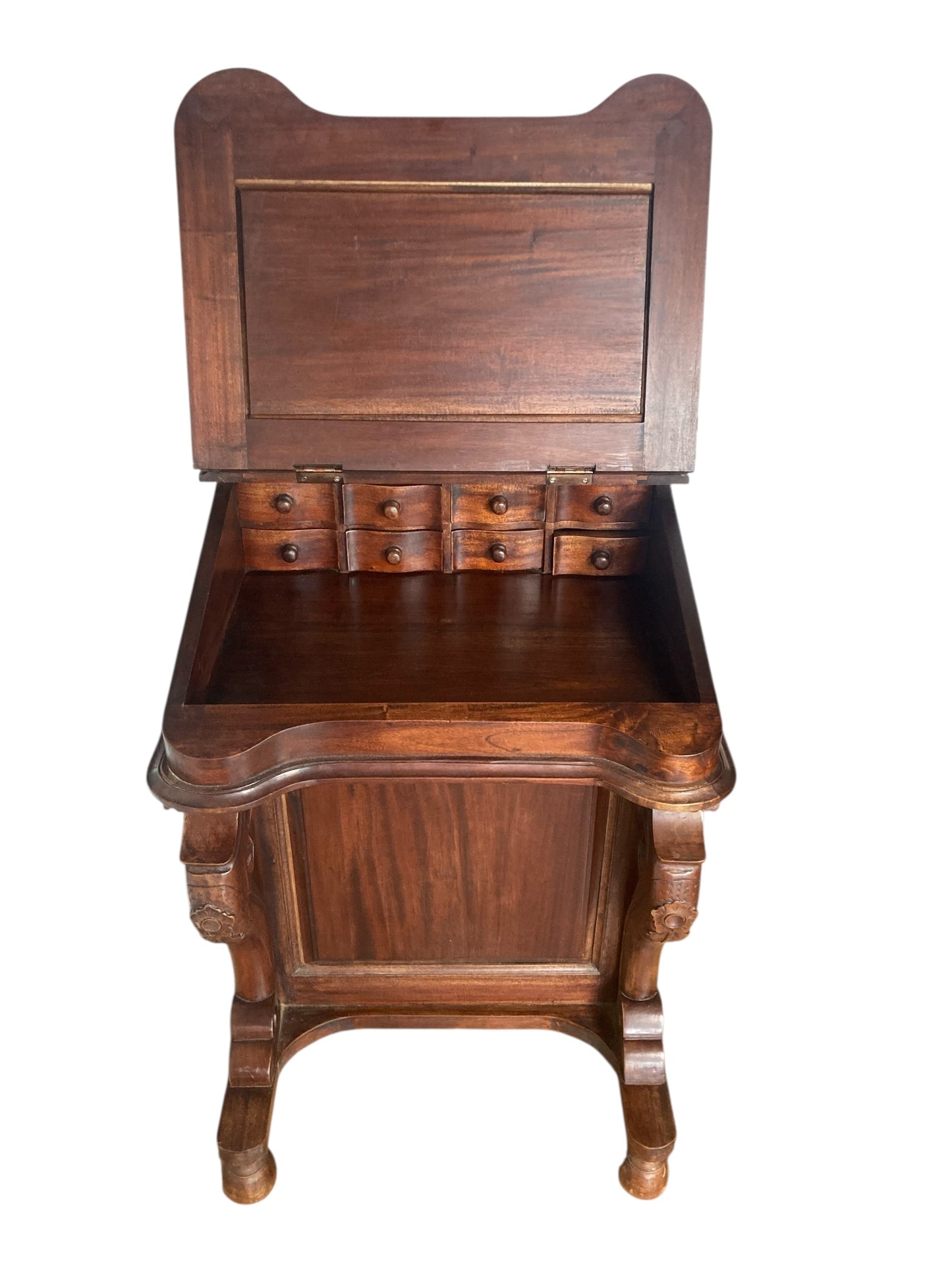 Mahogany Davenport Desk or Bureau With Faux Red Leather Sloped Writing area.