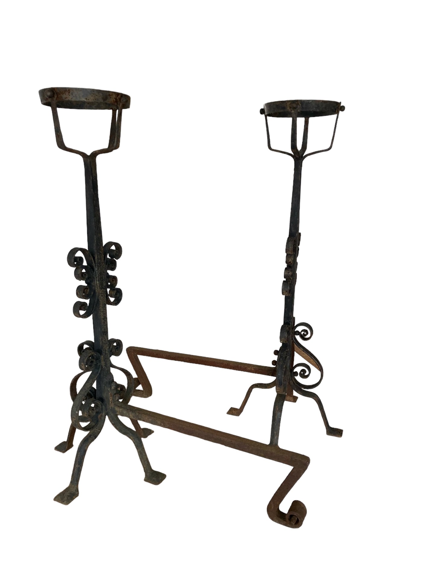 A pair of Large French Wrought Iron Fire Dogs with large fire baskets