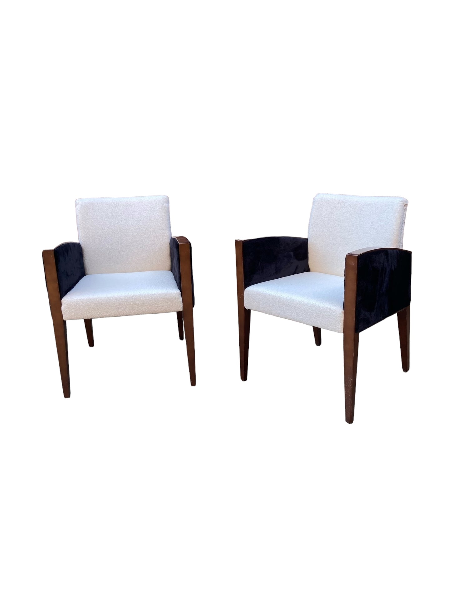 Two Art Deco Style Armchairs, White Boucle, Black Velvet Sides, Original Mahogany Frames