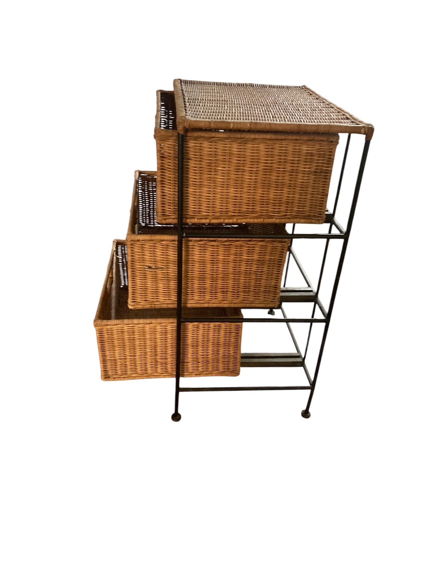 Vintage Boho Wicker Three Drawer Chest with wrought iron frame
