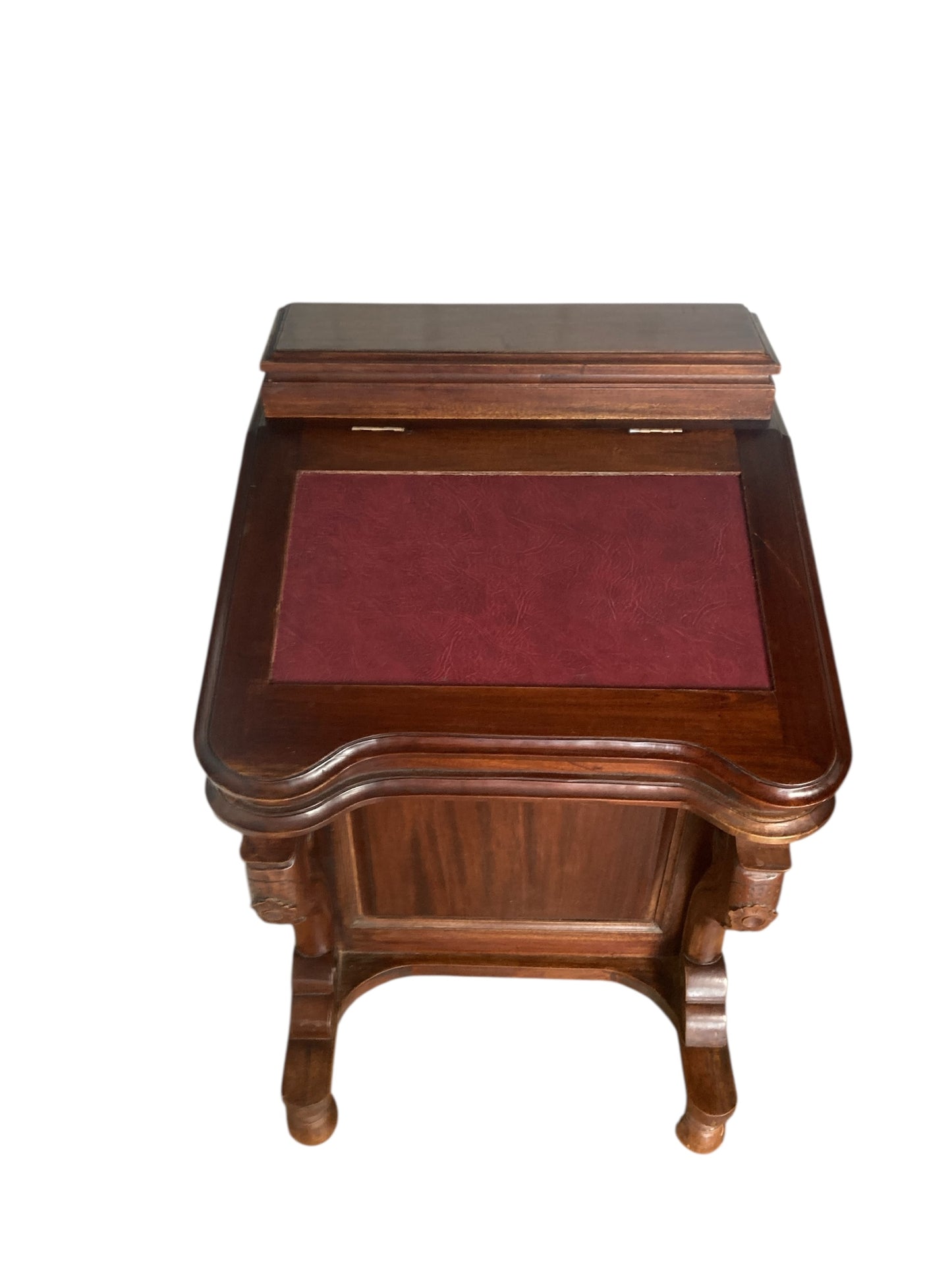 Mahogany Davenport Desk or Bureau With Faux Red Leather Sloped Writing area.
