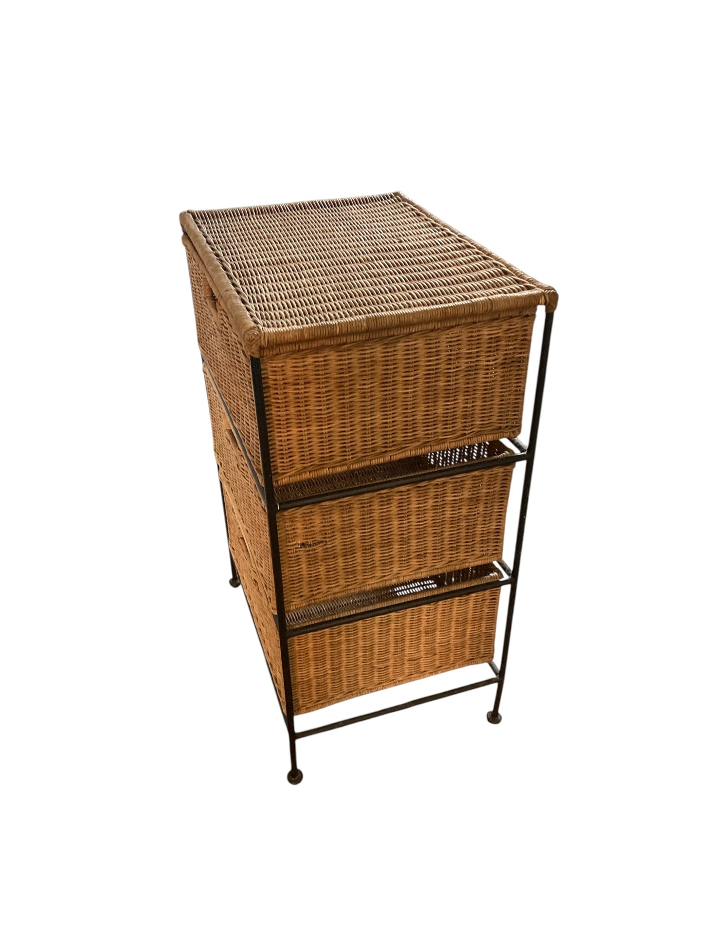 Vintage Boho Wicker Three Drawer Chest with wrought iron frame