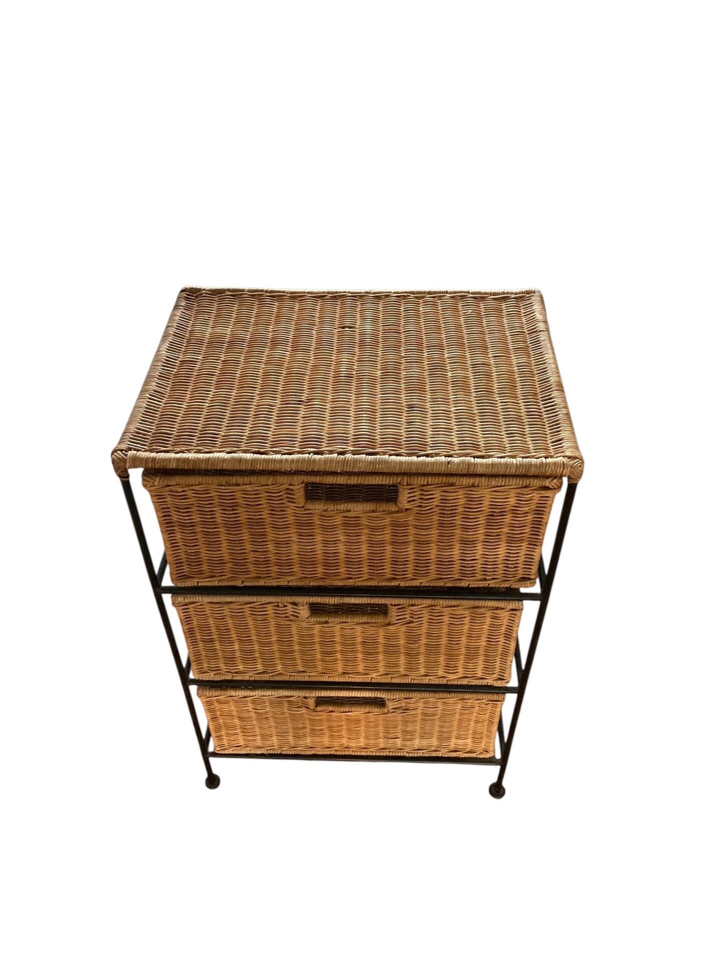 Vintage Boho Wicker Three Drawer Chest with wrought iron frame