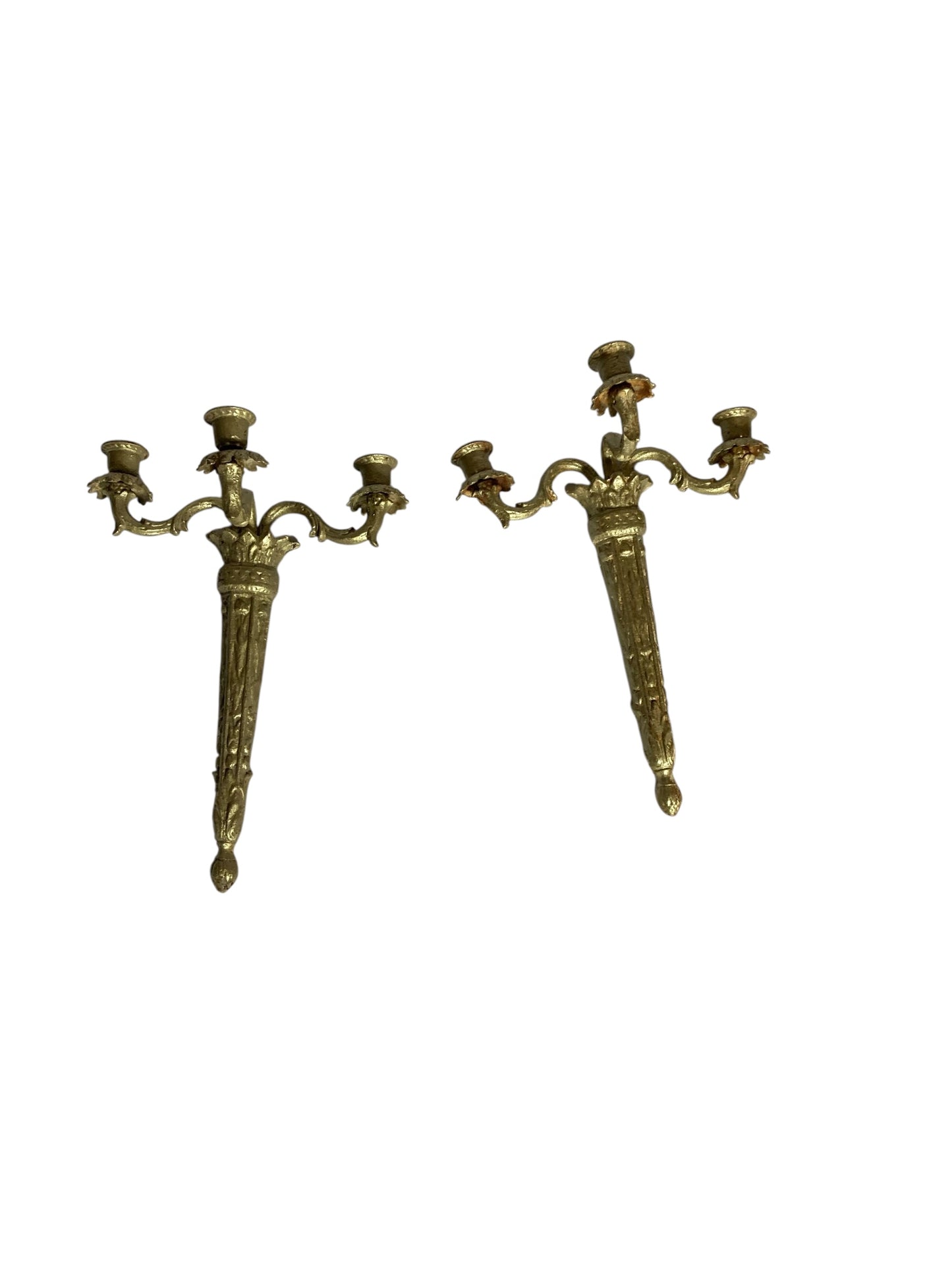 Pair of Ornate Reclaimed Cast Iron Wall Sconces Candelabra Gilt style Finish
