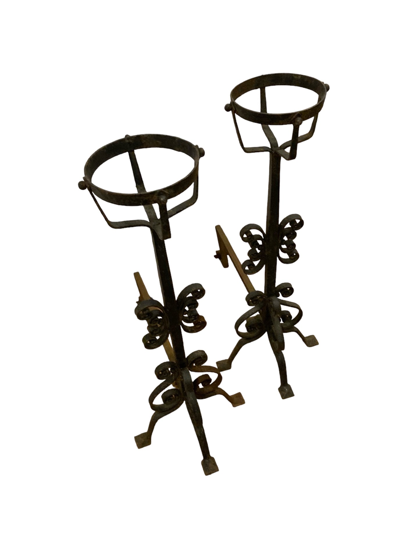 A pair of Large French Wrought Iron Fire Dogs with large fire baskets