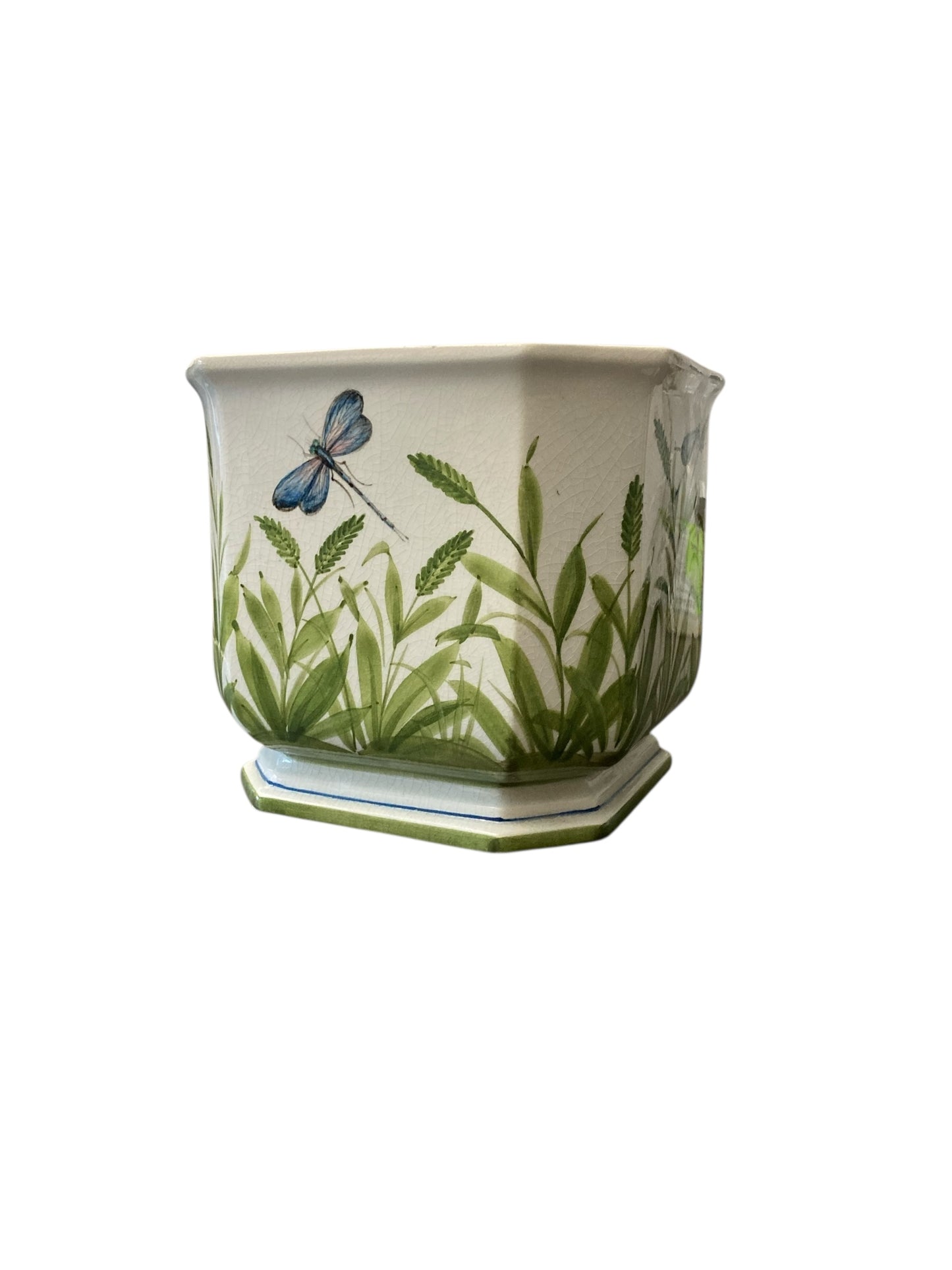 Italian Ceramic Flower or Plant Holder Planter Cachepot with Dragonfly Design
