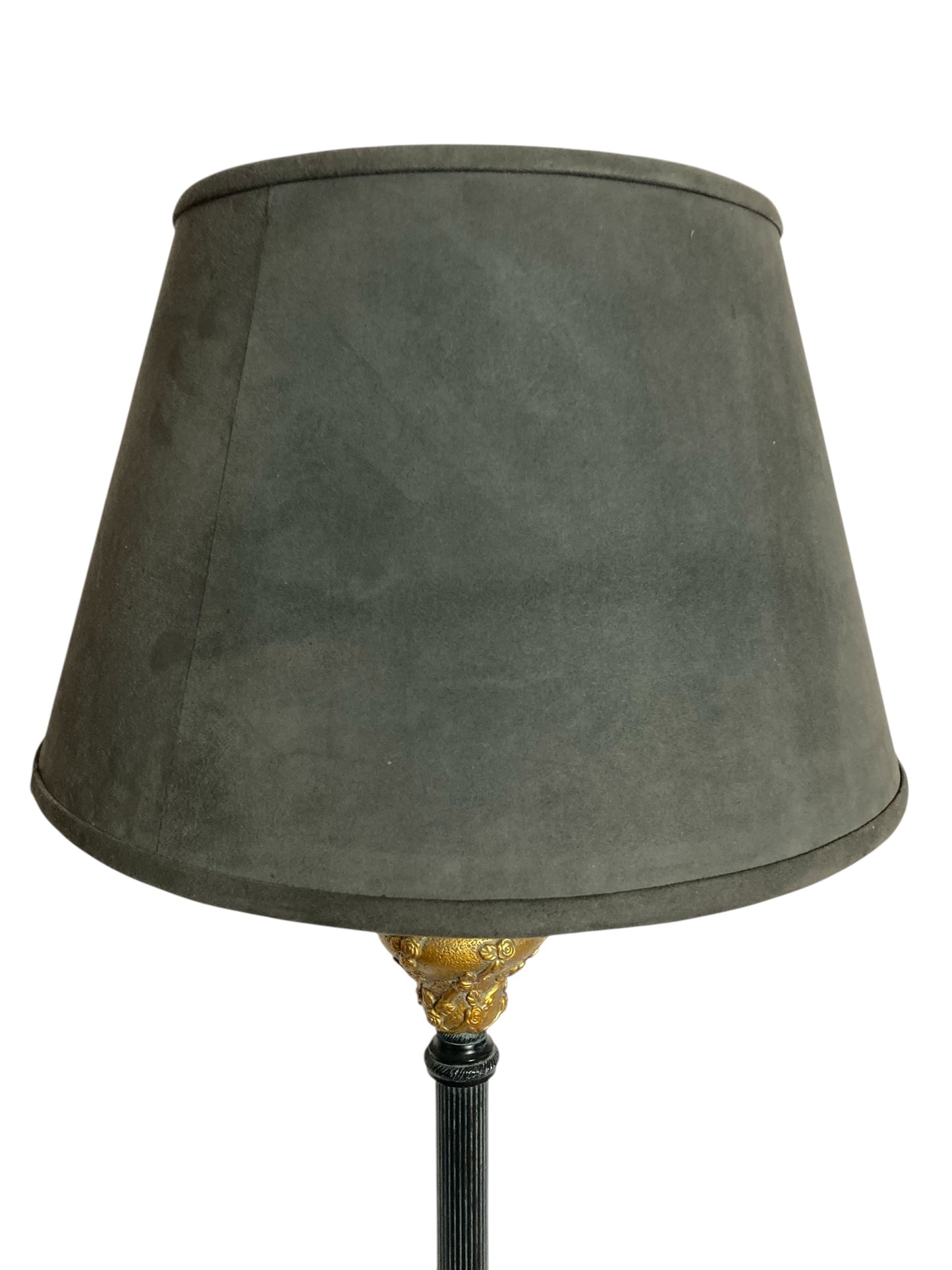 Black and Gold Corinthian Style Table Lamp Grey Velvet Shade with Rose floral decor