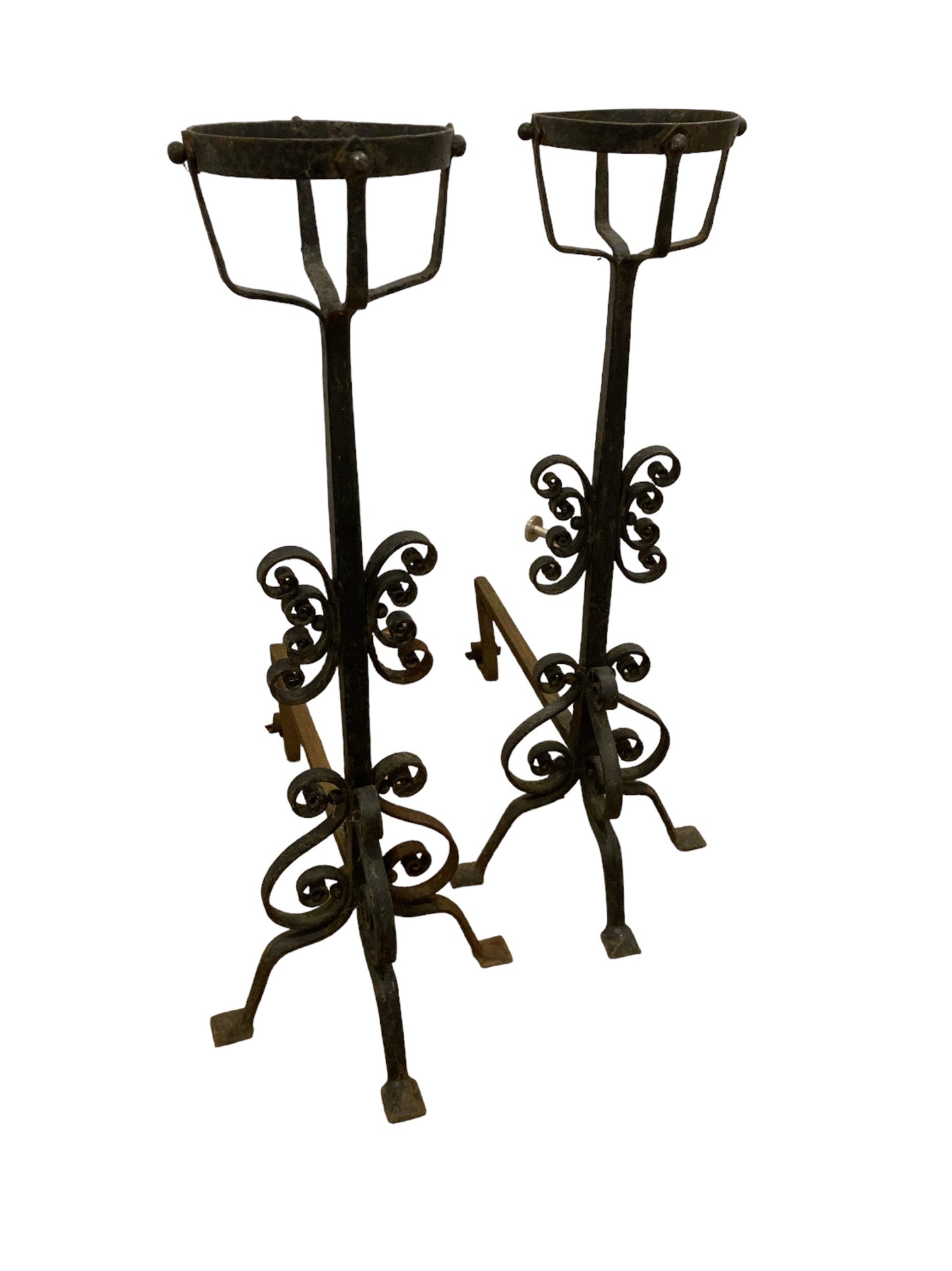 A pair of Large French Wrought Iron Fire Dogs with large fire baskets