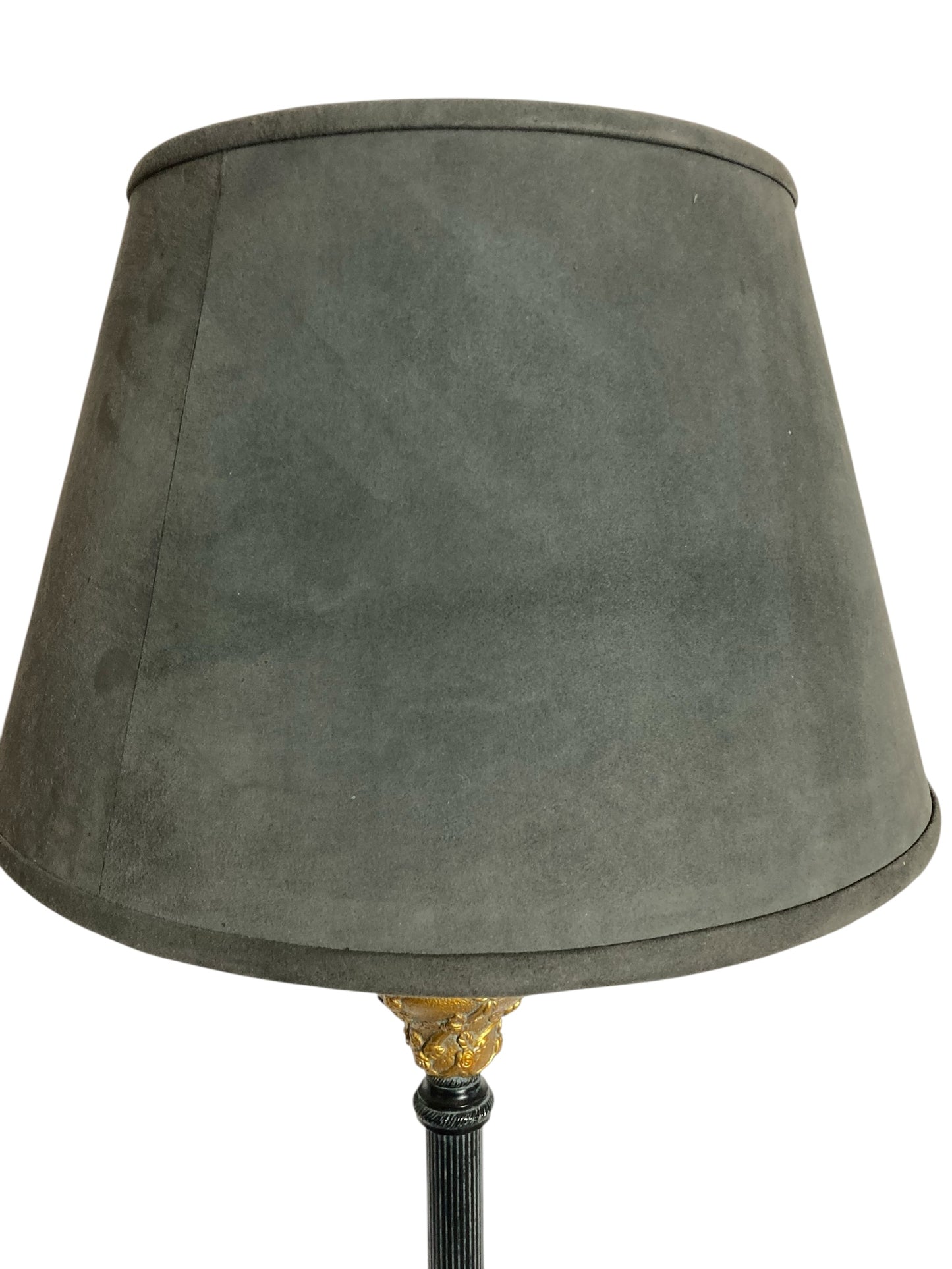 Black and Gold Corinthian Style Table Lamp Grey Velvet Shade with Rose floral decor
